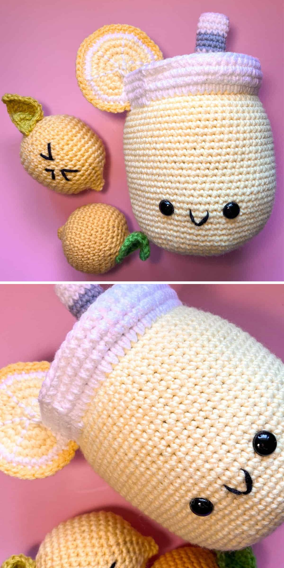 Two photos show crocheted plushies: a large lemonade cup with a smiling face, ears, and a straw — made using crochet drink patterns — beside two small lemons, one with an embroidered sleeping face, on a pink background.