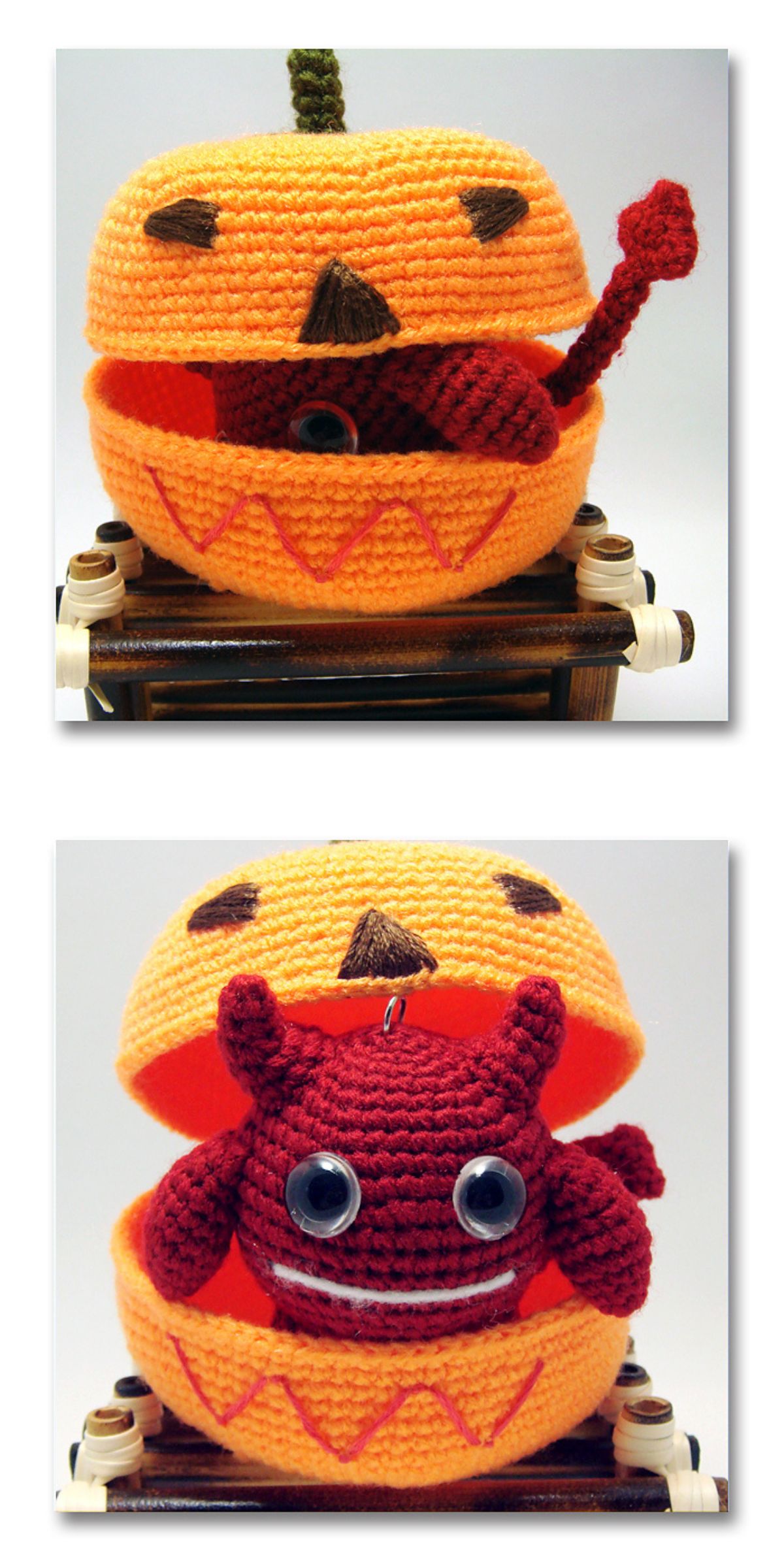 a red crochet monster climbing out of a crocheted pumpkin