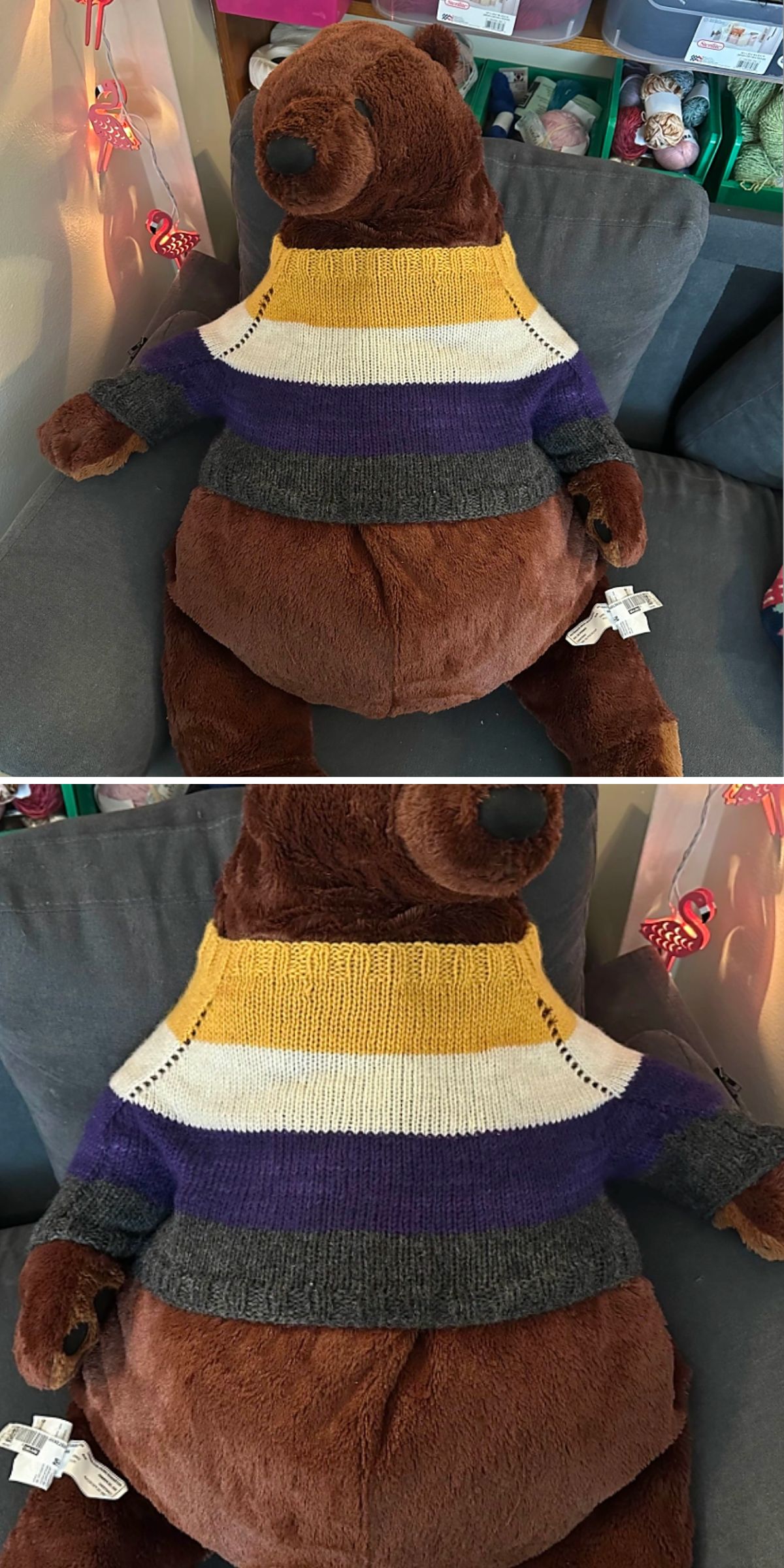a knitted sweater for dolls showcased on a big bear plushie