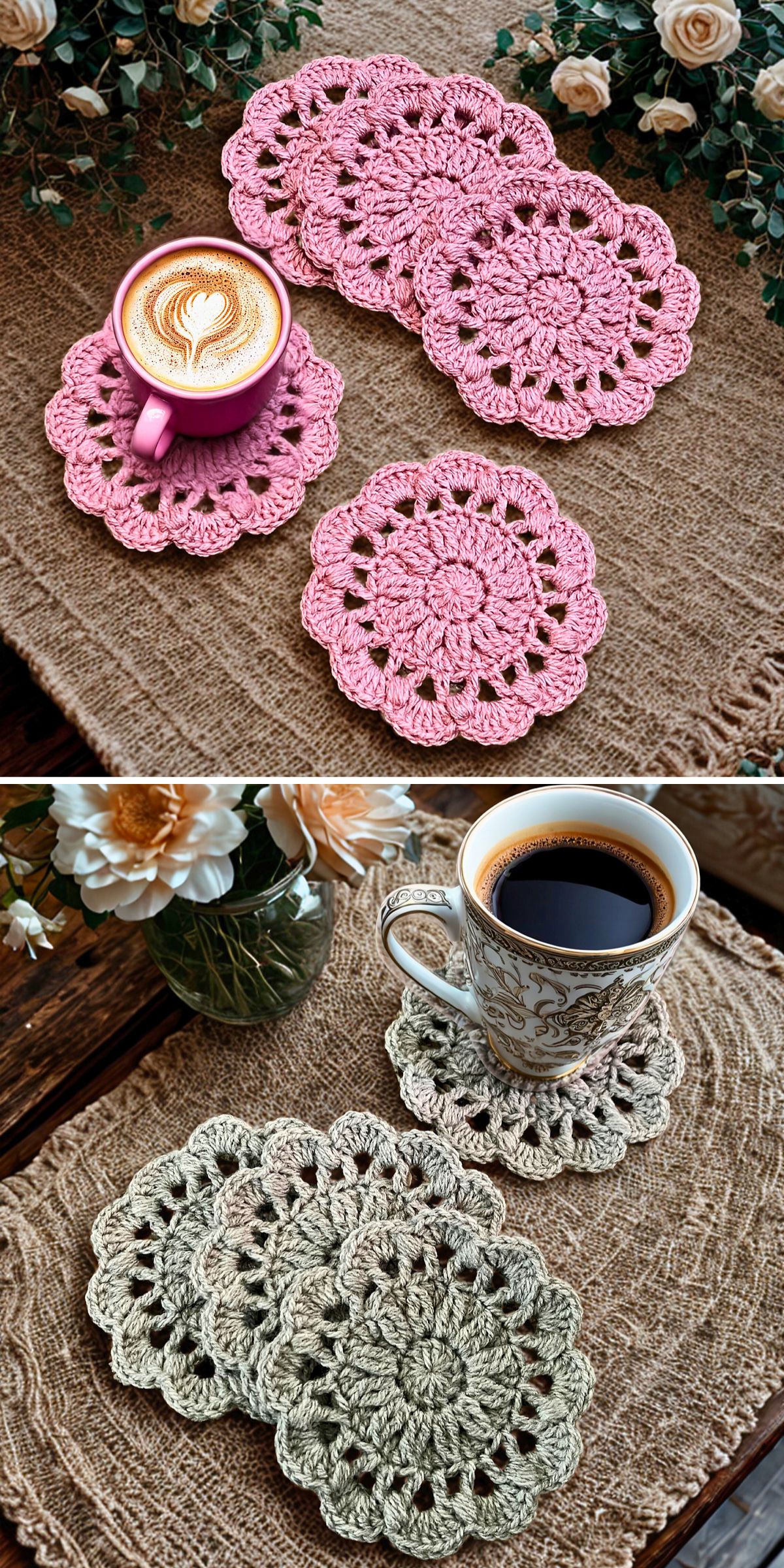 two sets of flower-shaped crochet coasters in pink and in grey