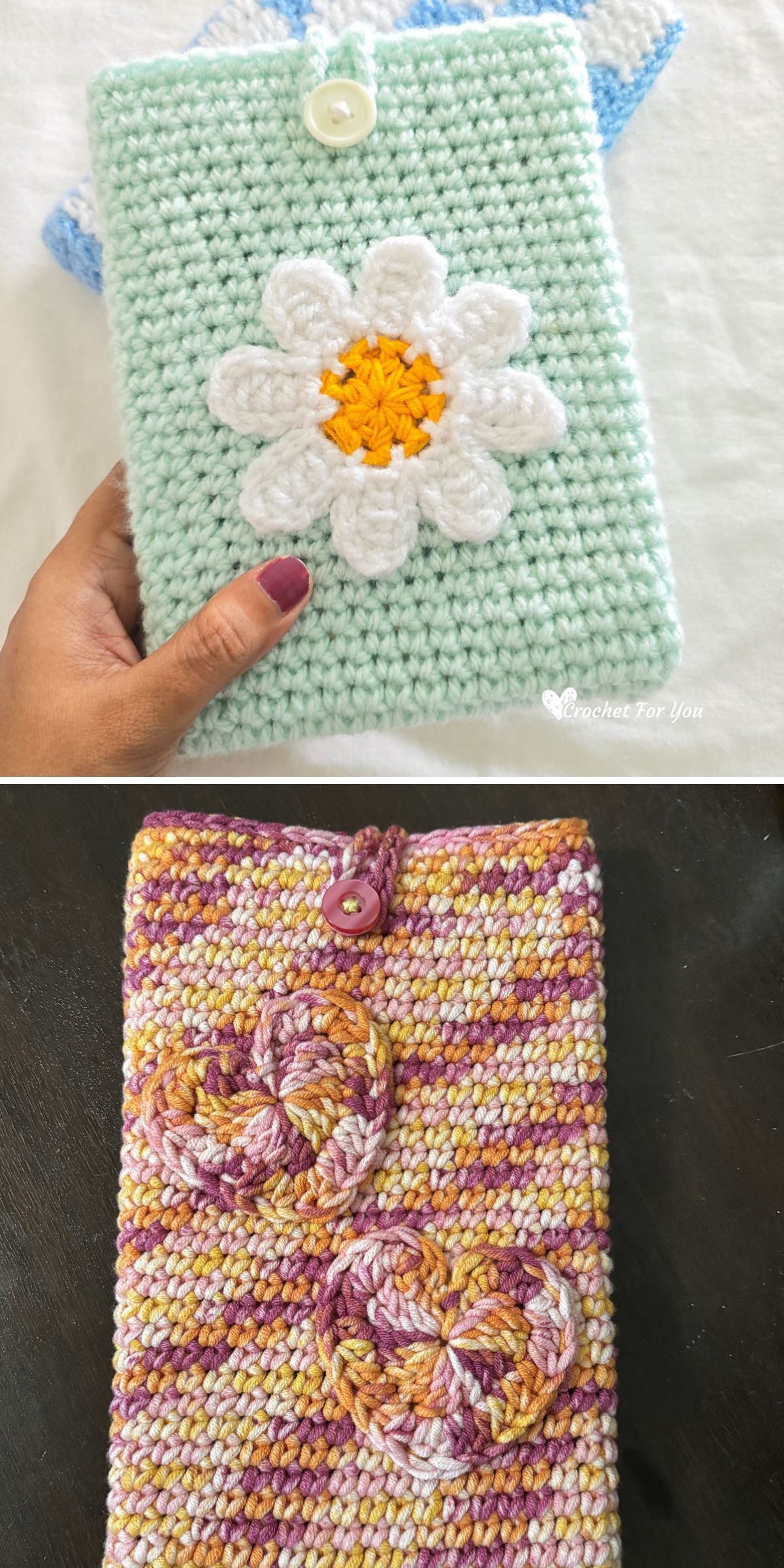 a crochet book cover with a big flower motif in the center