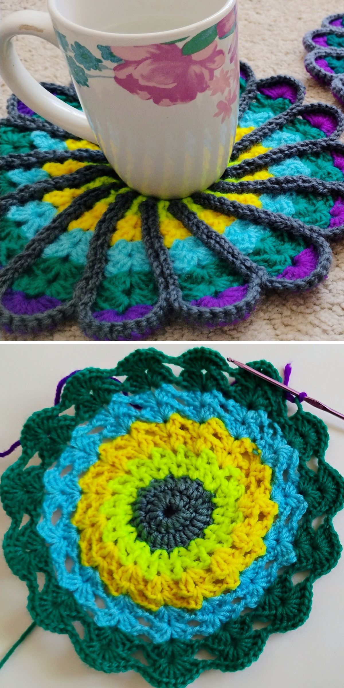 a vibrant crochet potholder shaped like a flower