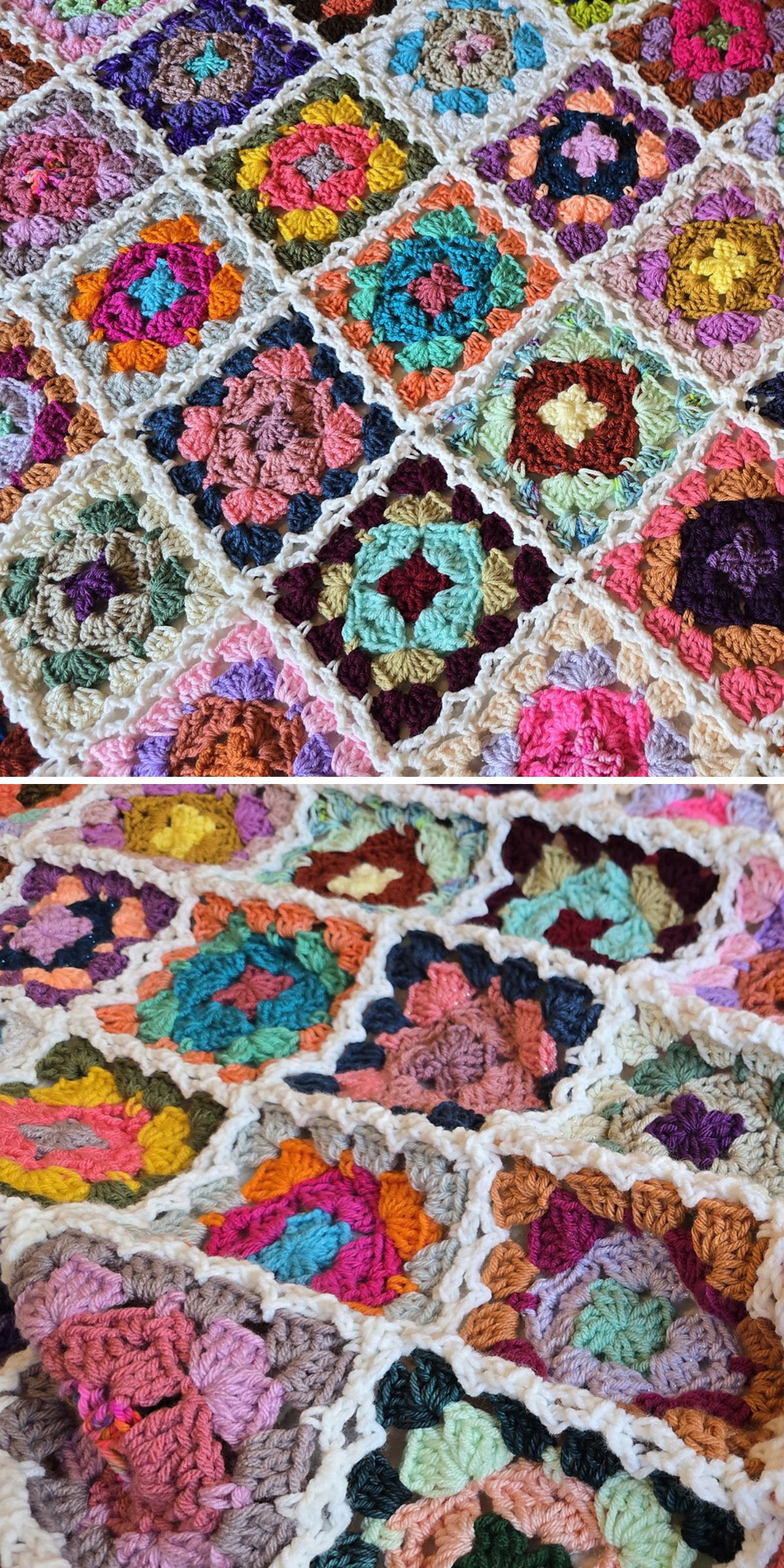 a multicolored crochet blanket built from granny squares