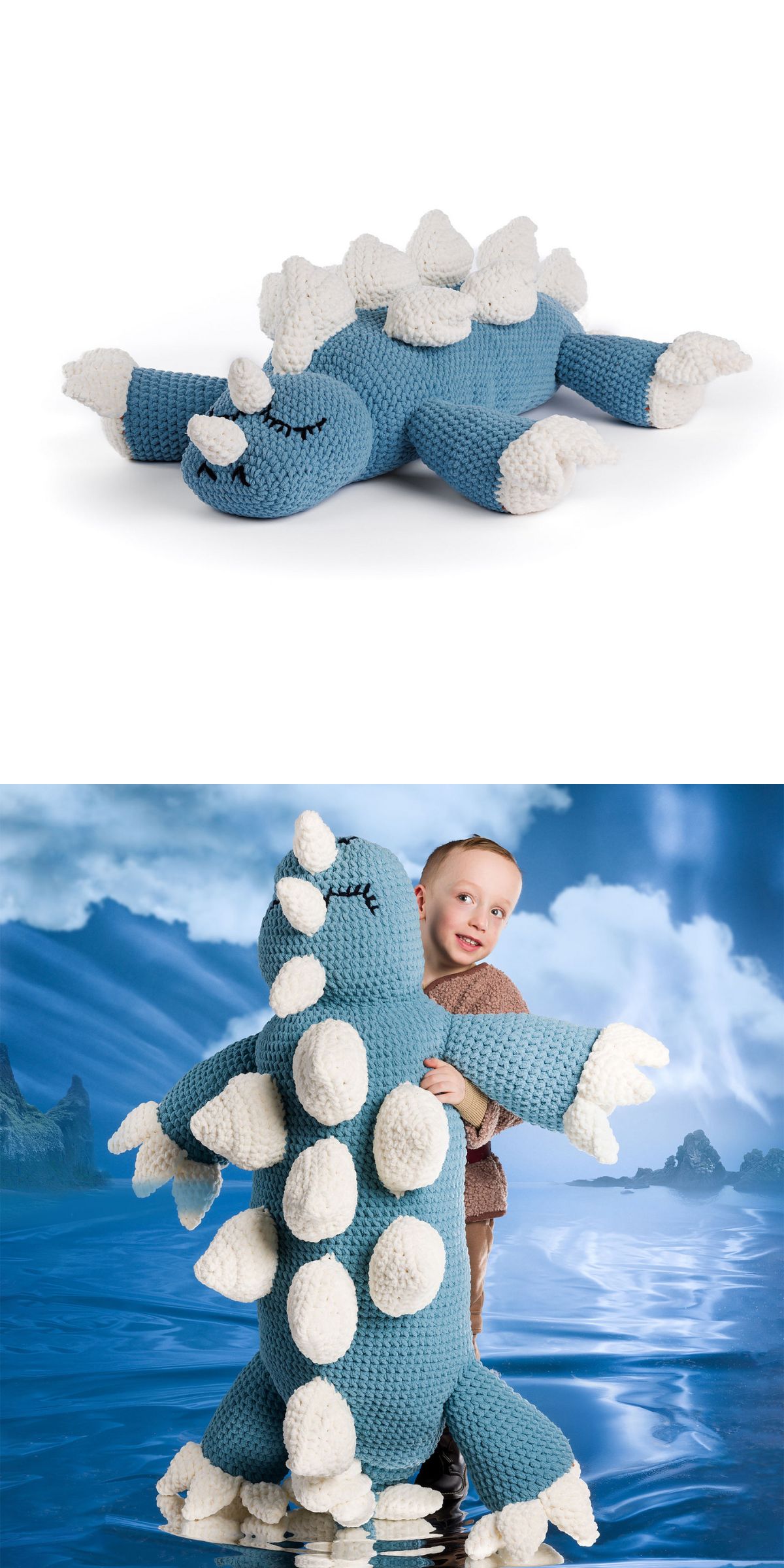 A child stands on a blue, water-like surface, hugging a large blue and white crocheted dinosaur pillow resembling a plush stegosaurus that doubles as a cozy crochet pillow.
