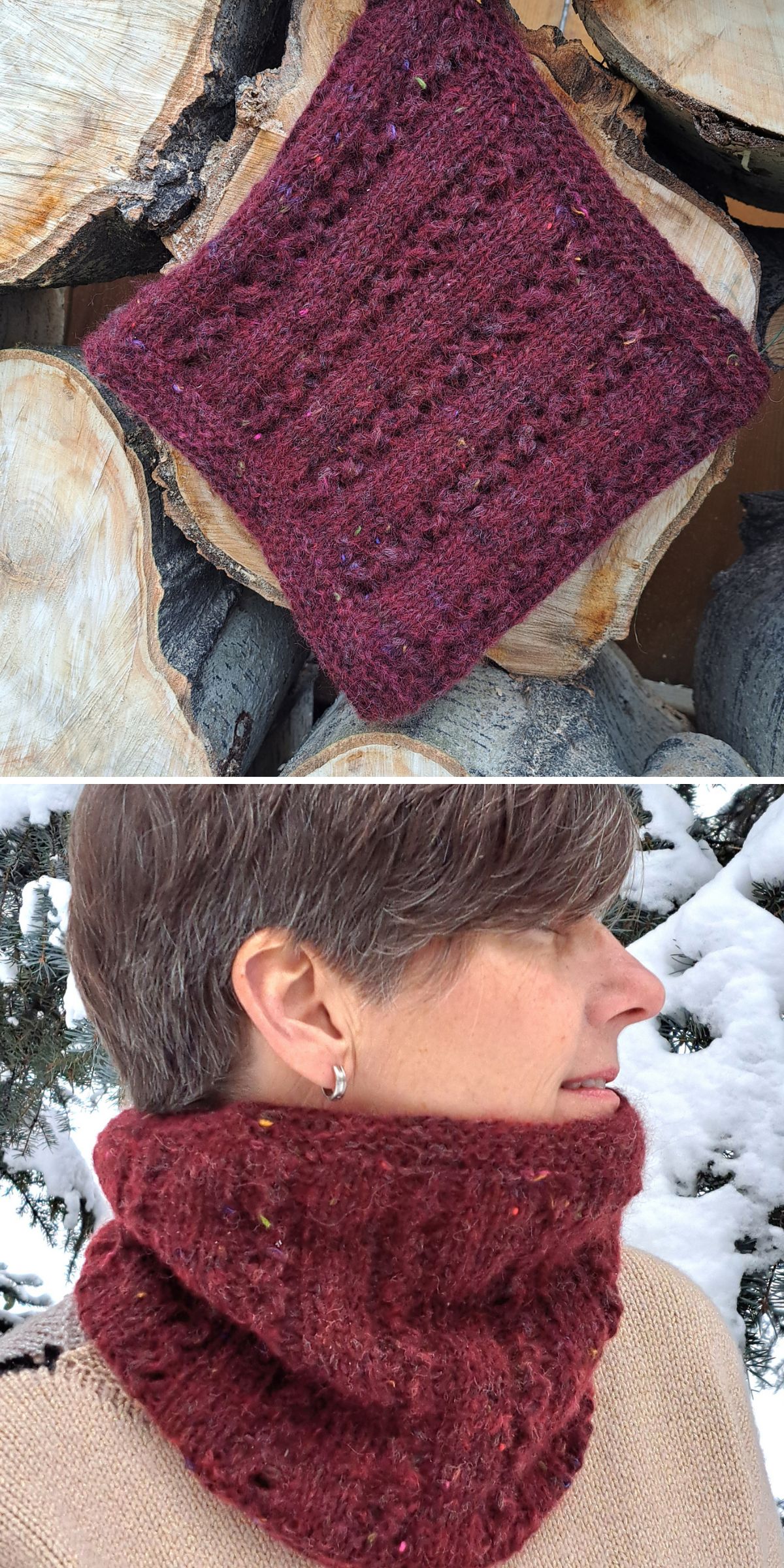 a knitted cowl in a dark purple shade