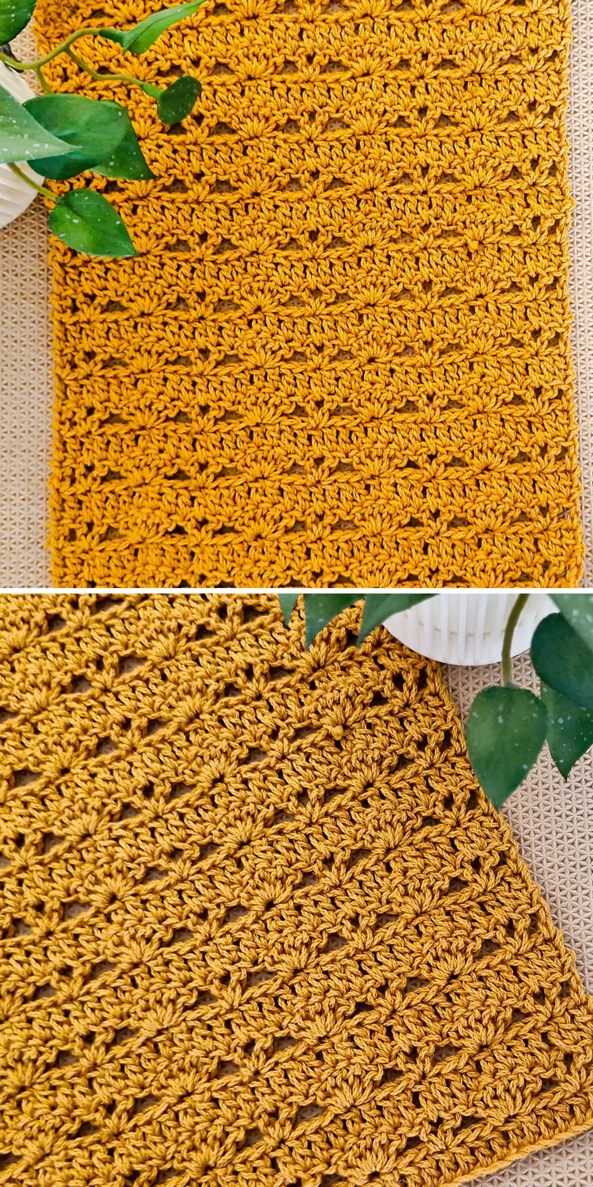 A rectangular mustard yellow Crochet Table Runner is displayed on a beige surface, shown from above and in a close-up view. Green leaves frame part of the fabric.