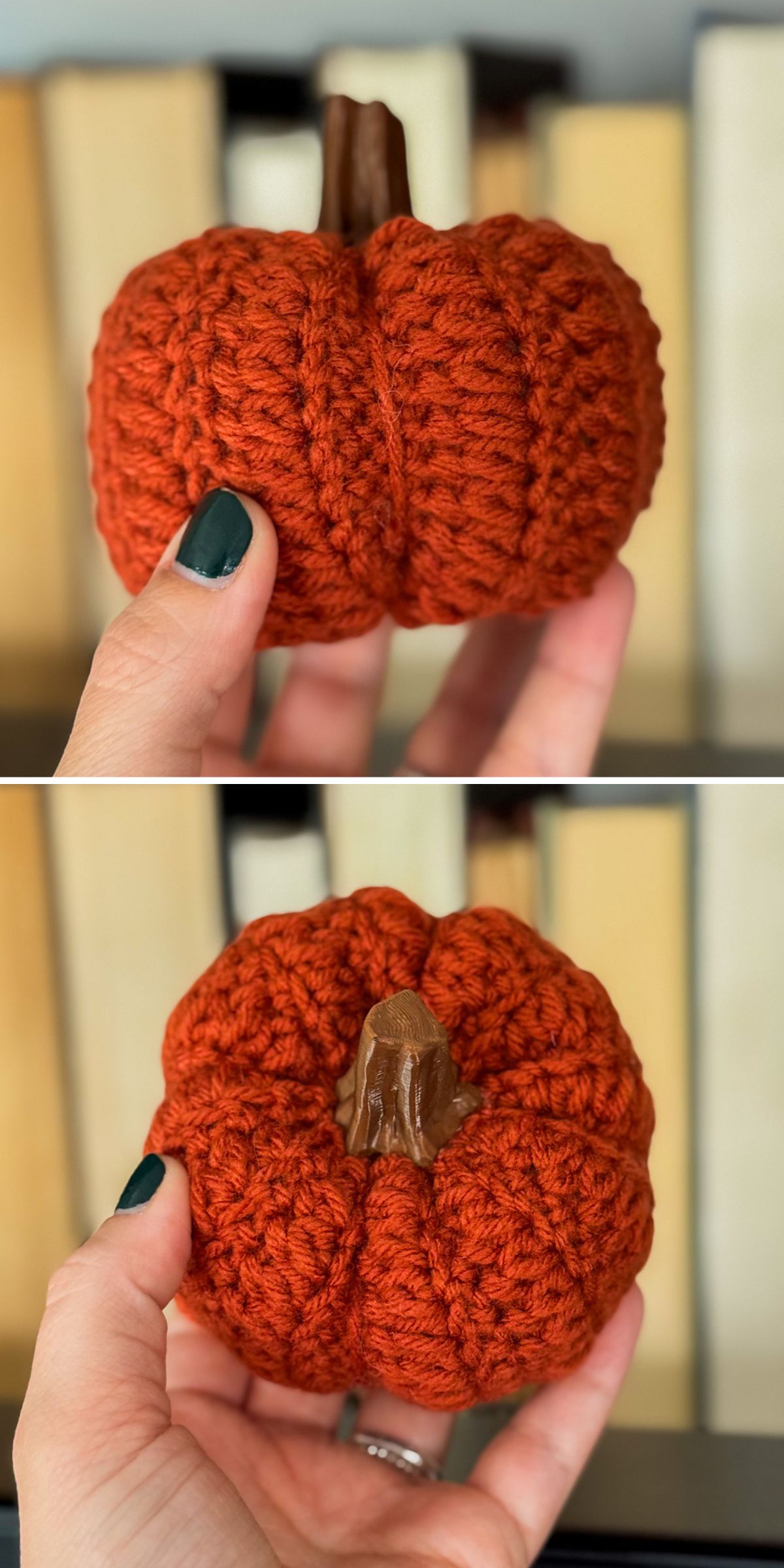 a crochet pumpkin in a deep orange color