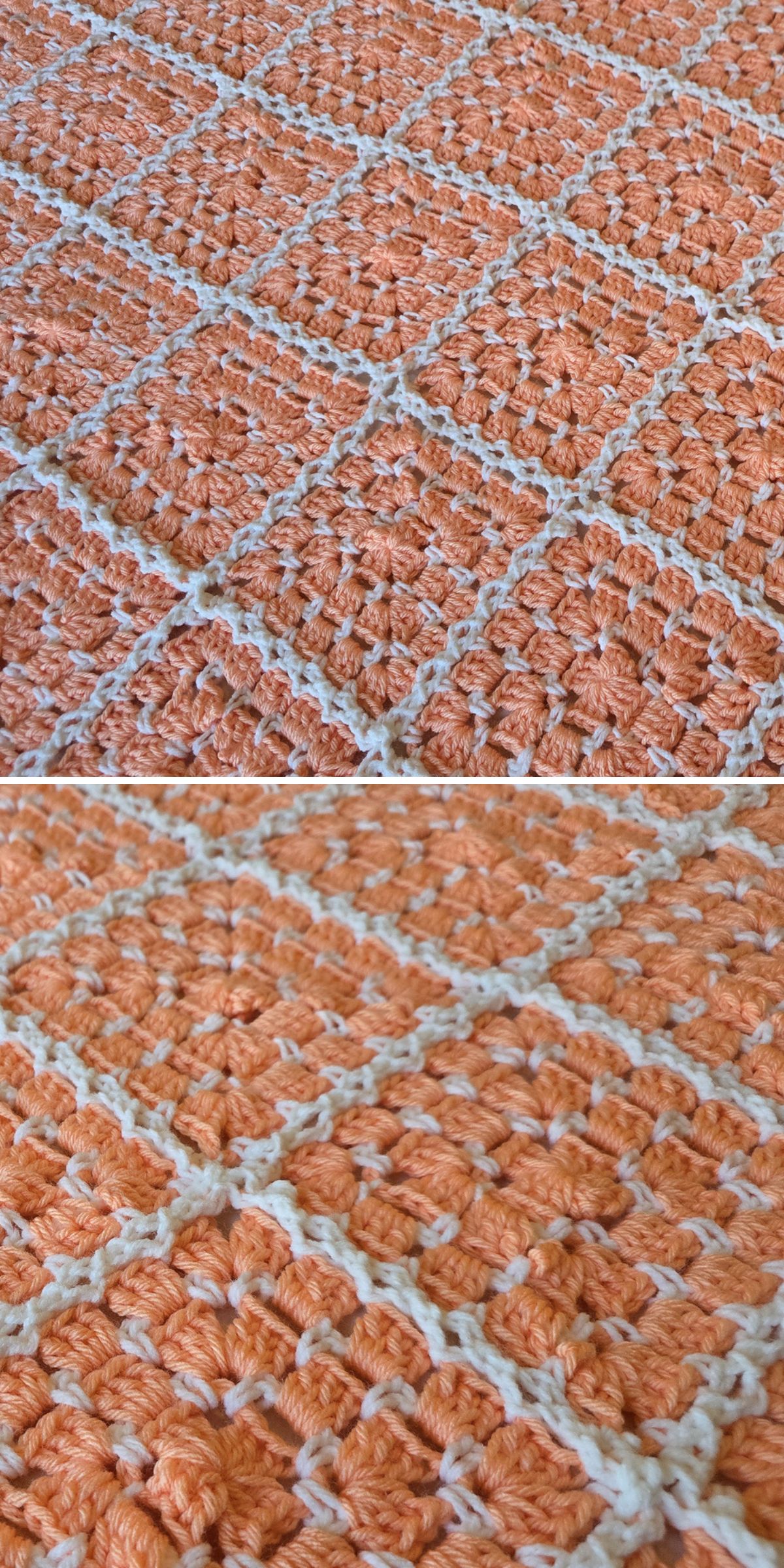 a crochet granny square blanket with the insides in a peach color and white edging
