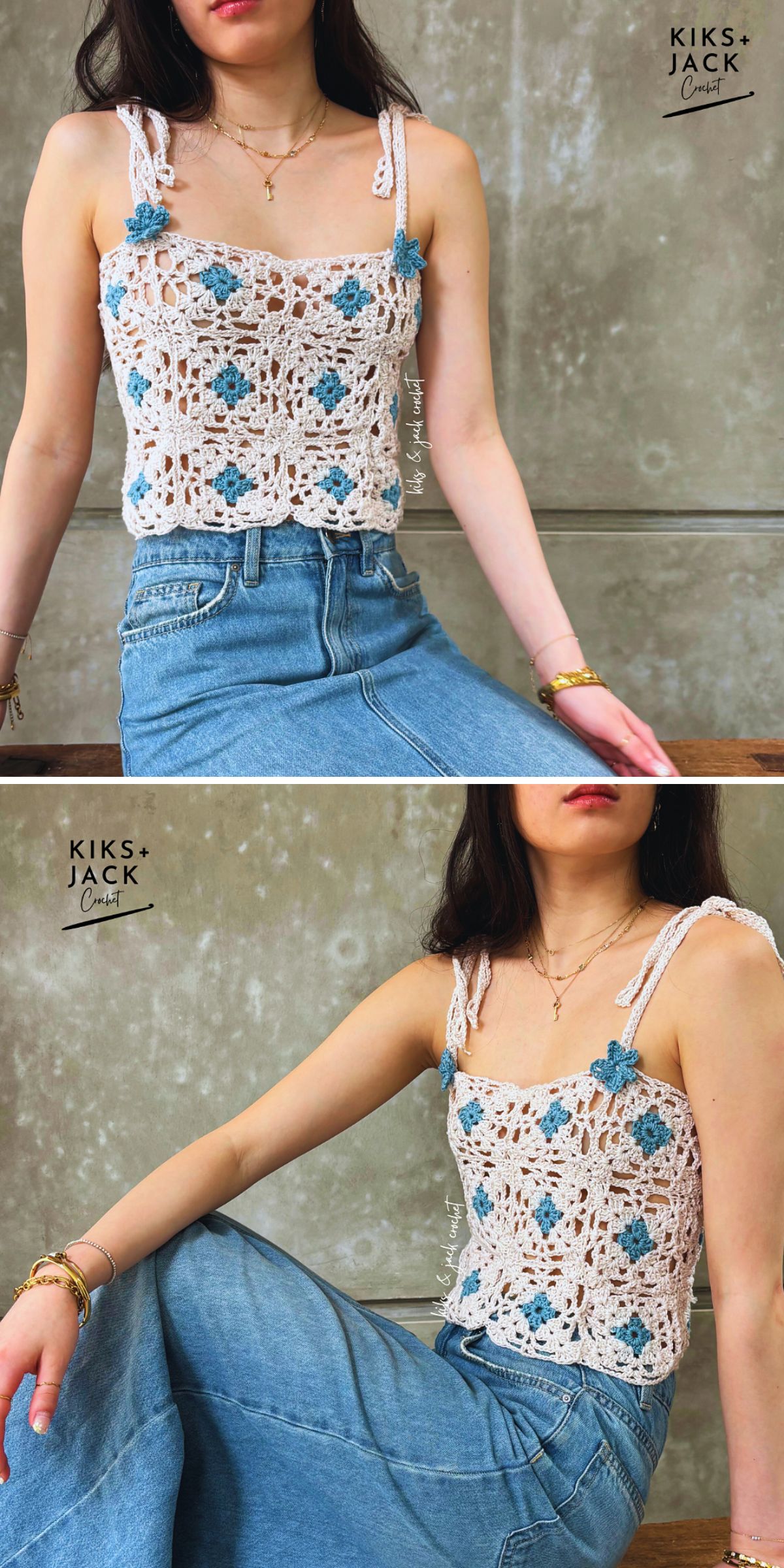 a woman wearing a lace crochet top made from white granny squares with blue centers