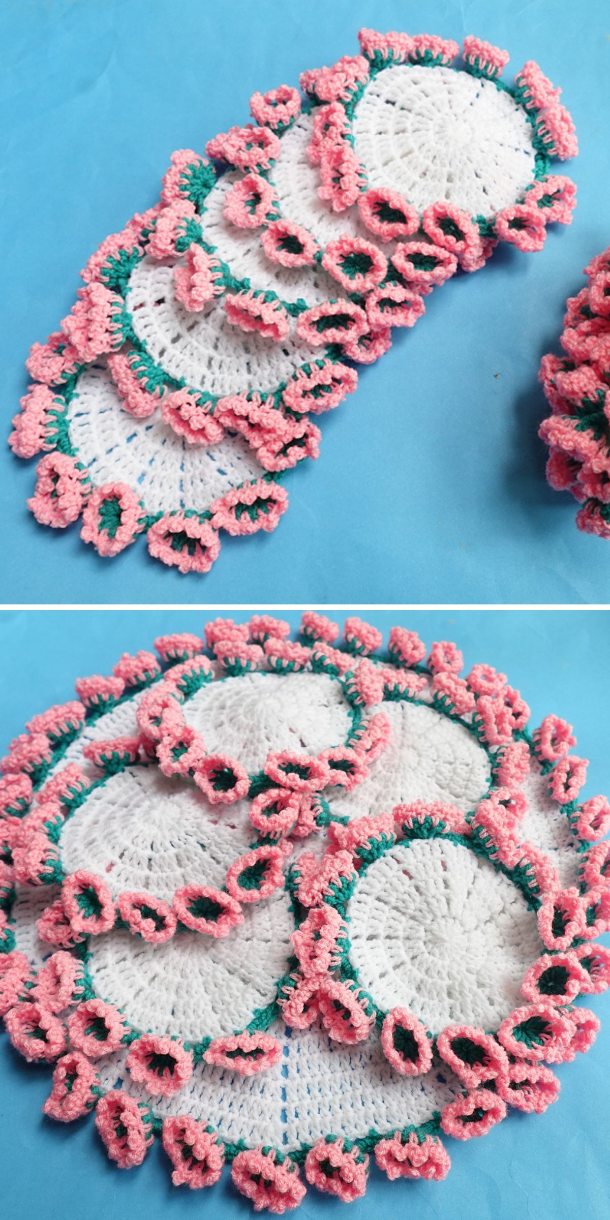 a set of crochet coasters with flower stitch edging