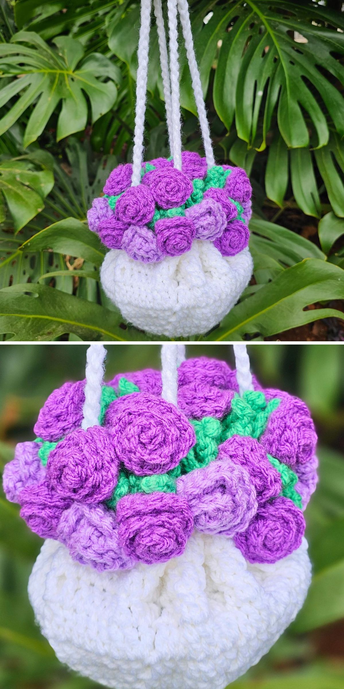 a small crochet drawstring bag looking like a bouquet of flowers