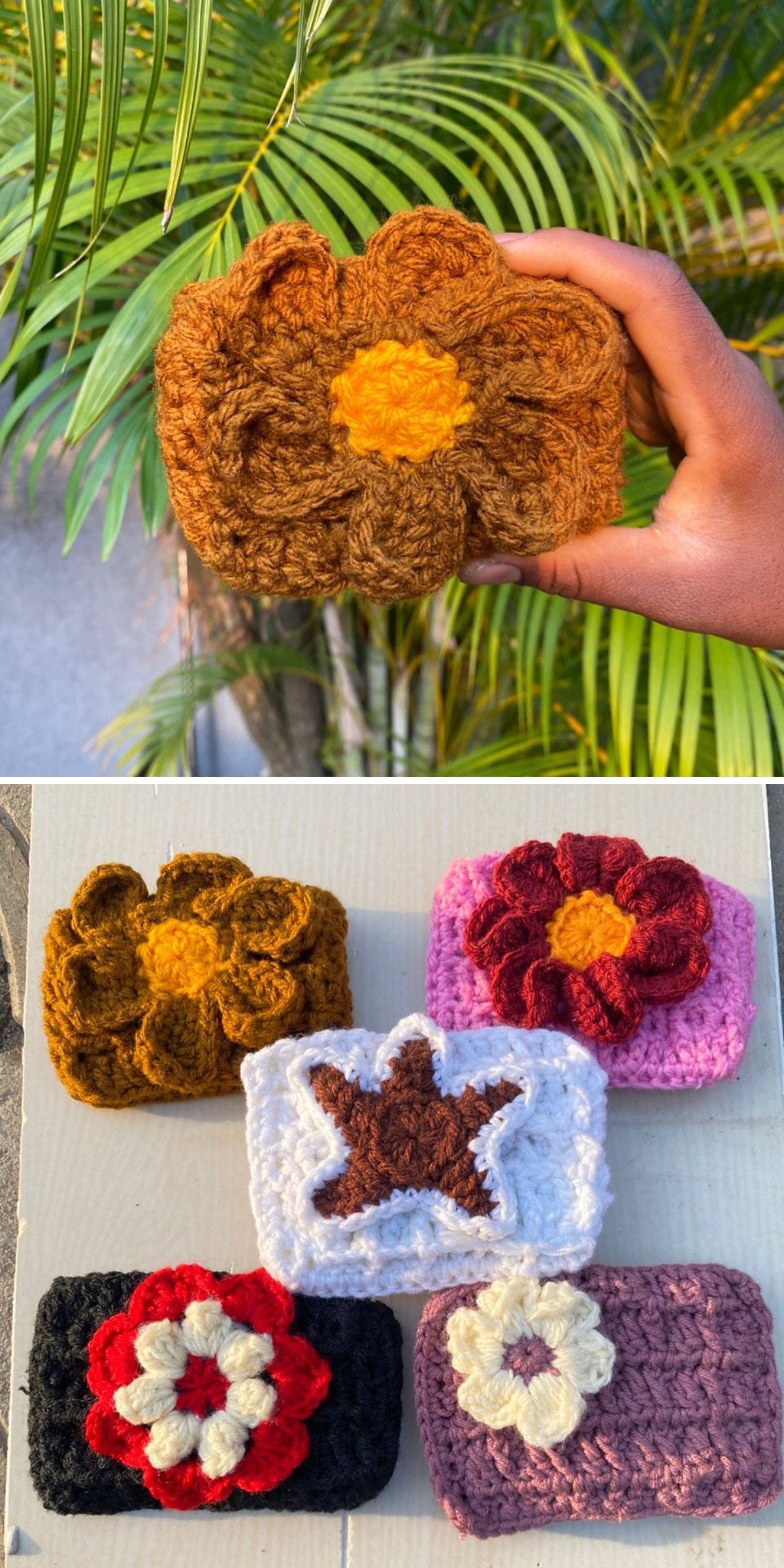 crocheted card holders shaped like a flower