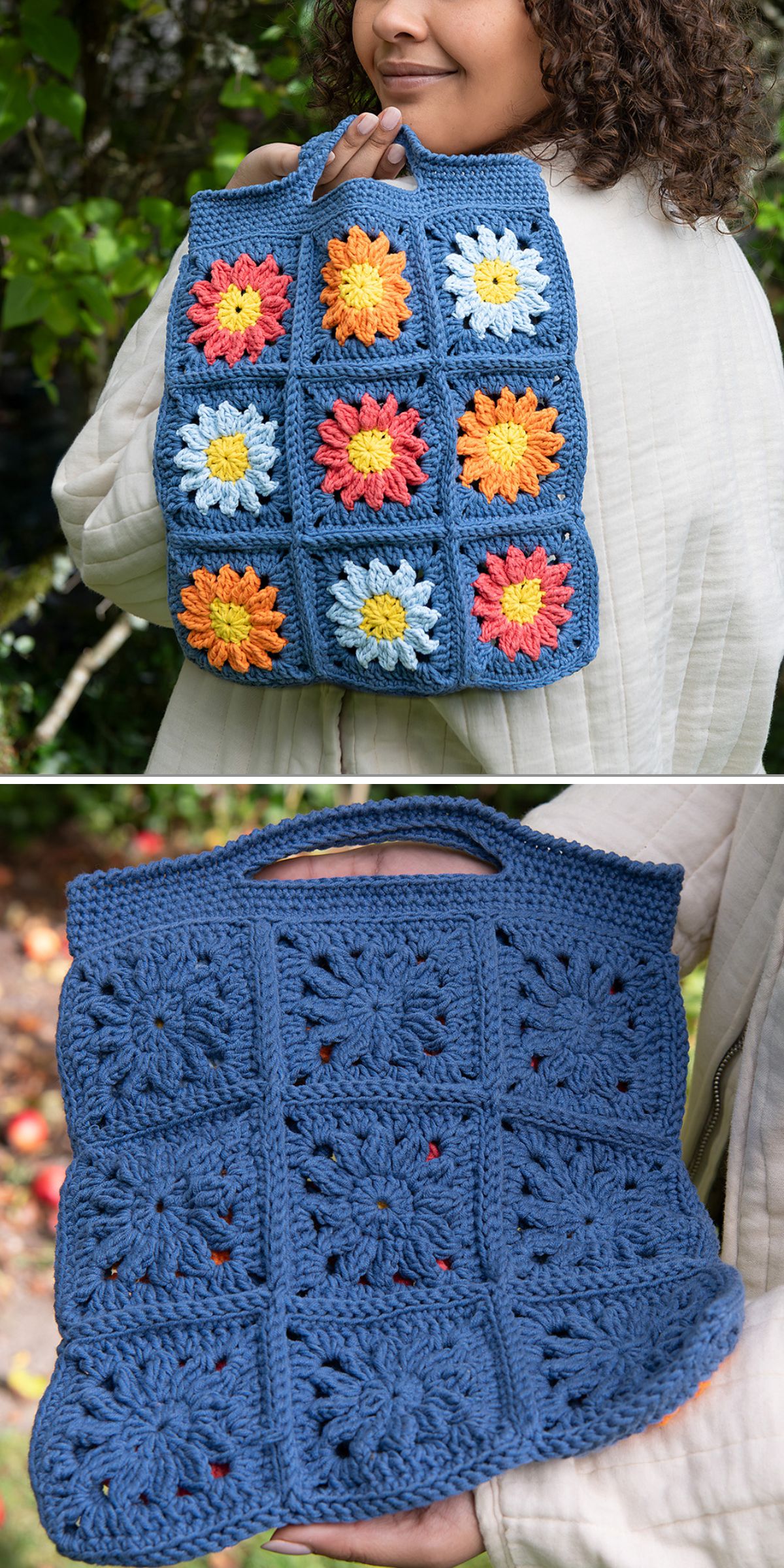 a woman holding a blue crochet bag constructed from granny squares with colorful flower centers