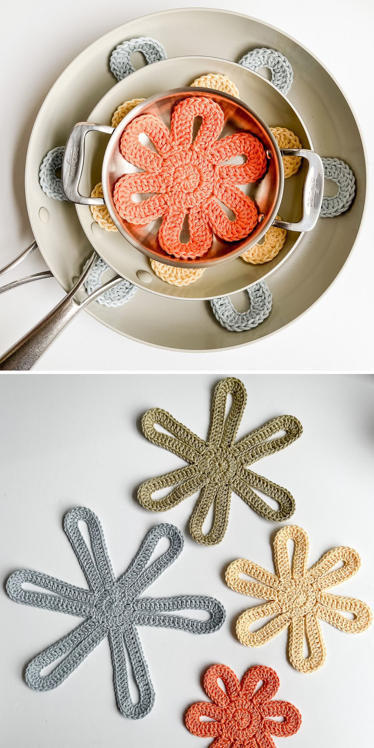 a set of flower-shaped crochet pan procetors