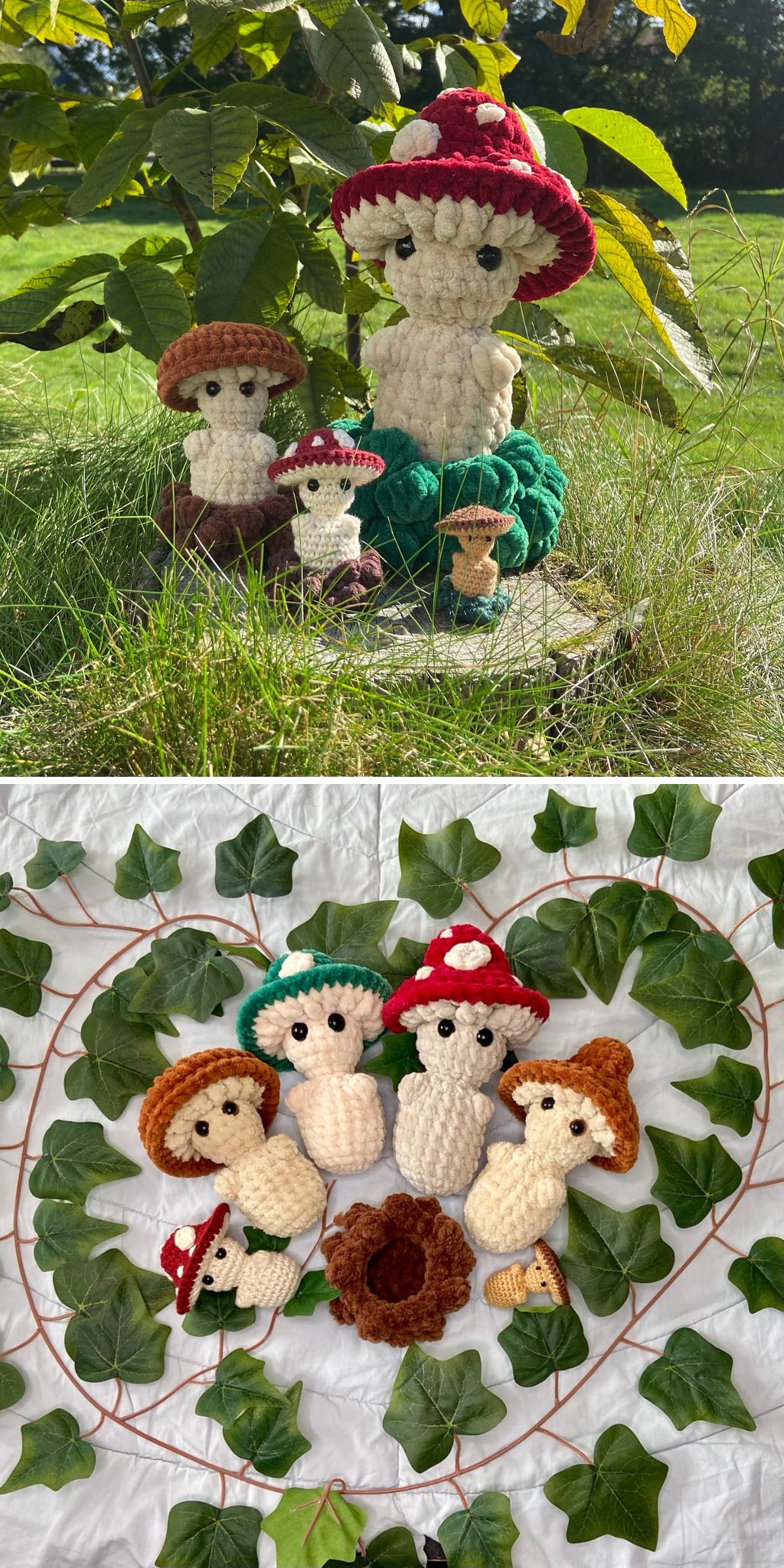 a family of crochet mushrooms