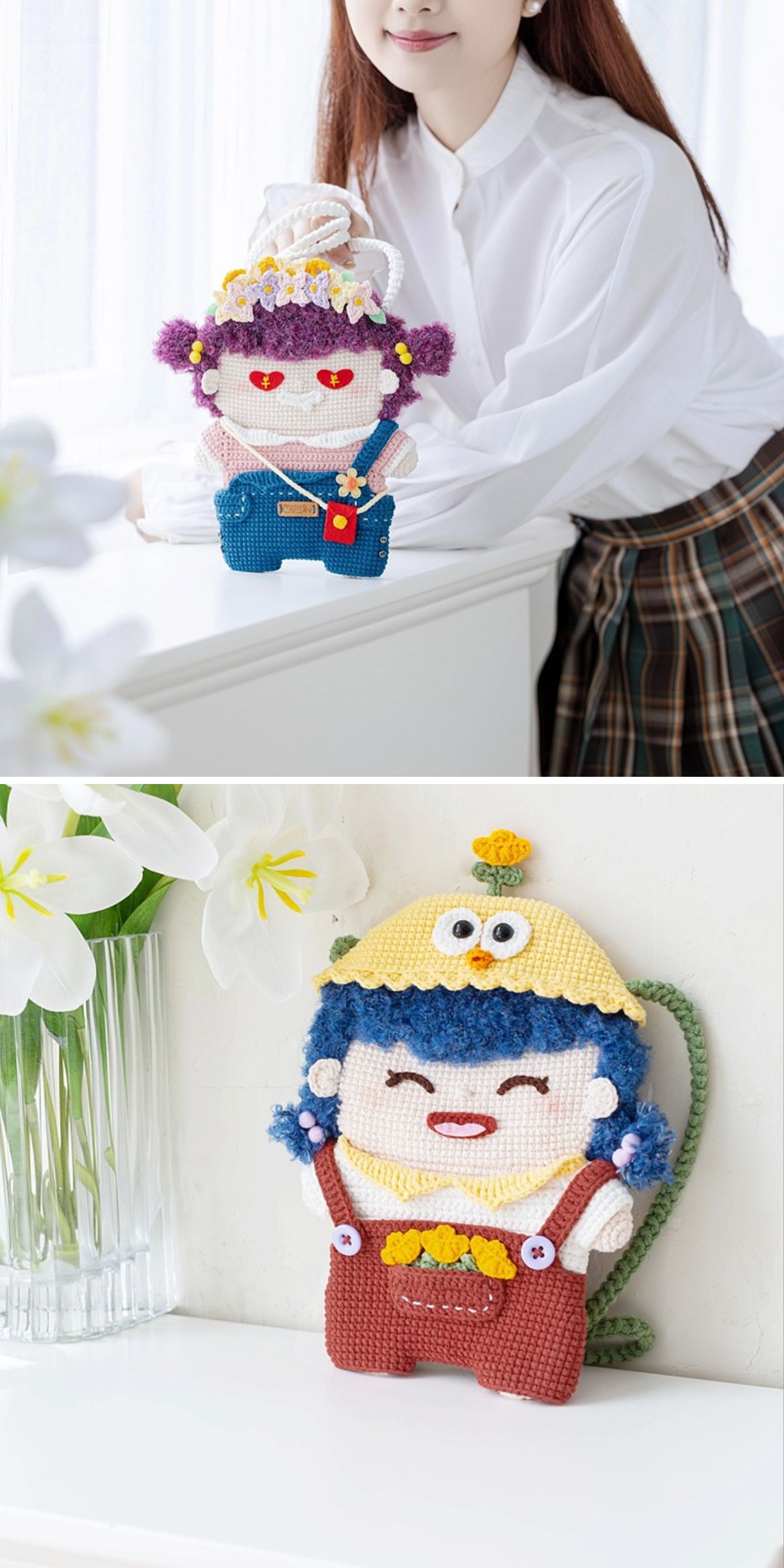 crochet phone pouches featuring colorful doll designs