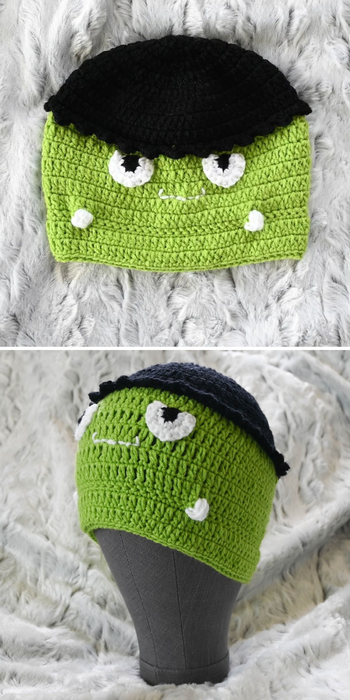 a crochet beanie with a Frankenstein design