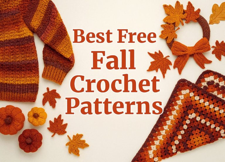 A styled collection of handmade crochet fall patterns including blankets, sweaters, pumpkins, scarves, and cozy autumn decor.