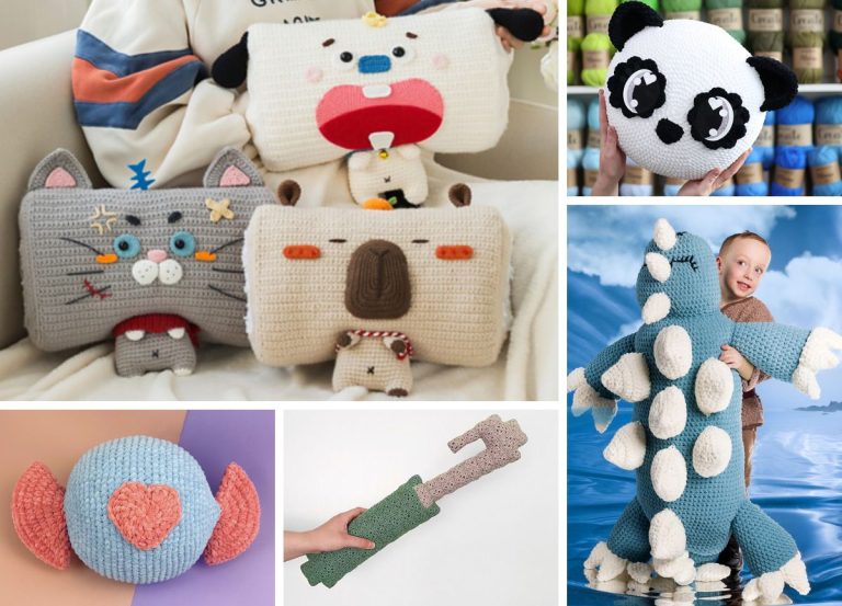 A collage of crochet pillows in shapes of animals and toys, including a bear, cat, panda, blue dinosaur, candy, and a long green and beige Minecraft sward, held by children and shown on display.