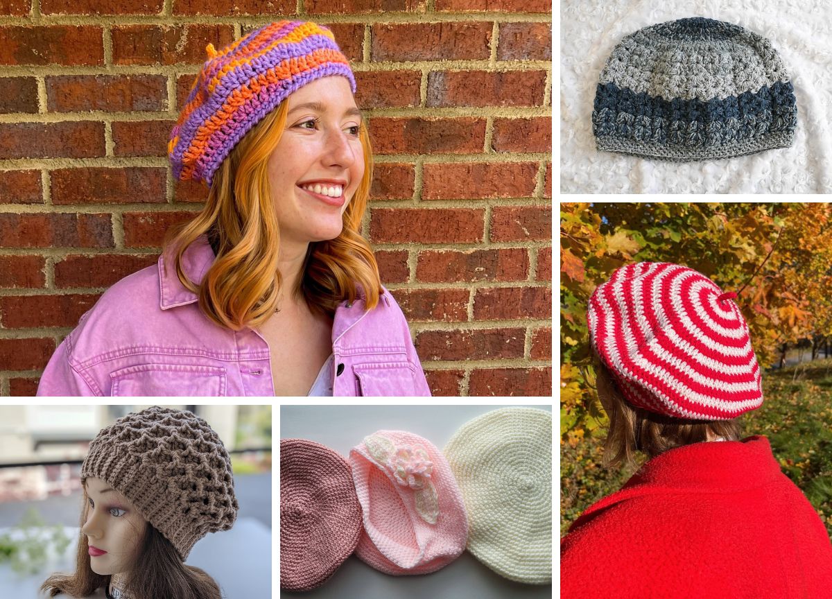 a collection of crochet berets in different styles and colors