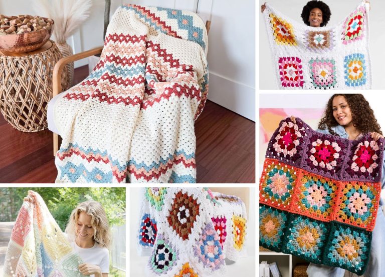 a collection of colorful crochet granny square blankets