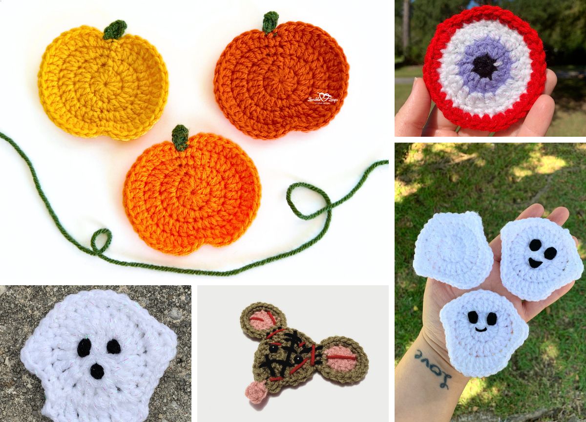 a collection of crochet appliques inspired by halloween and fall