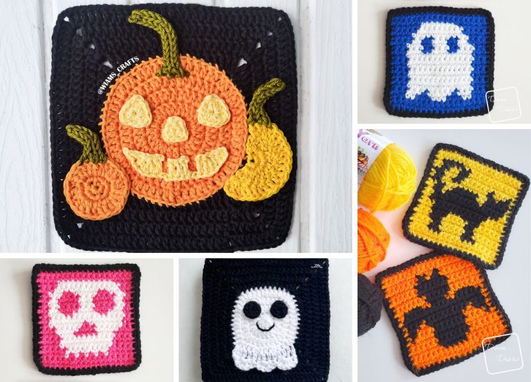 crochet squares with Halloween theme motifs