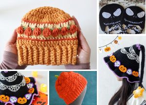 a collection of crochet hats with halloween-inspired designs