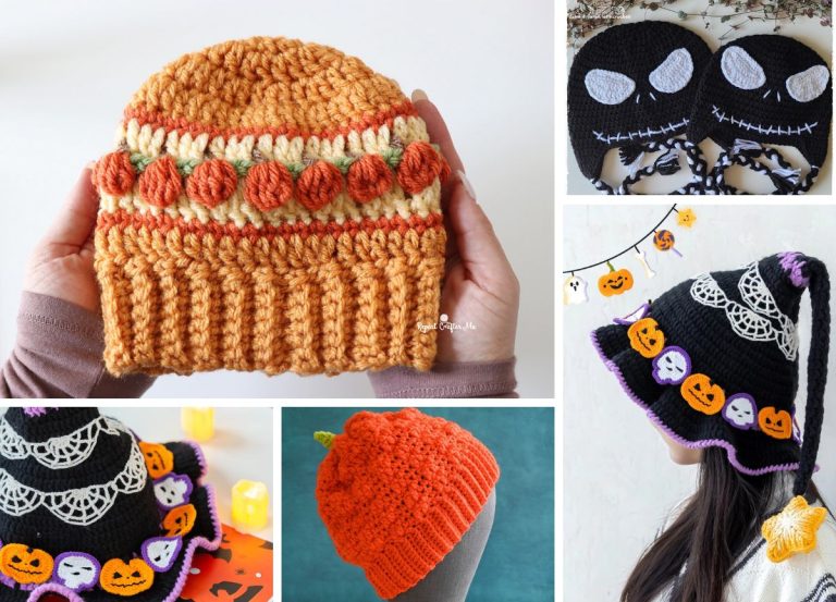 a collection of crochet hats with halloween-inspired designs