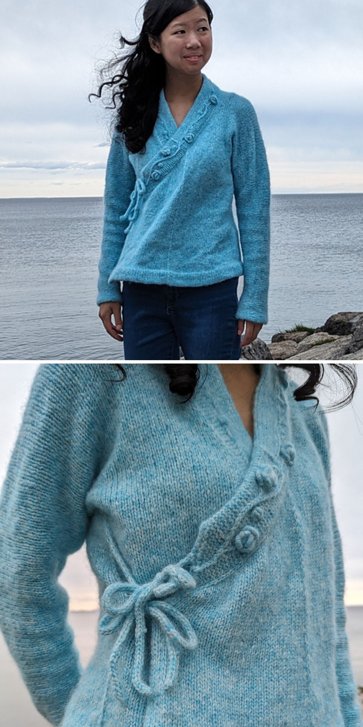 a woman wearing a blue knitted wrap sweater with floral elements