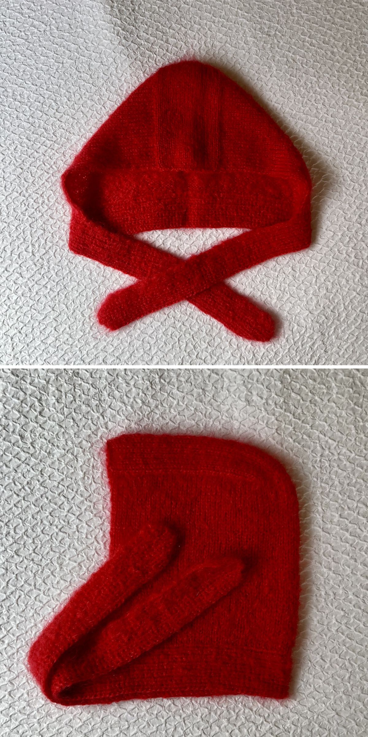 Two views of a red knitted hood or adult's bonnet with two long ends designed to cross under the chin, displayed on a textured light background.