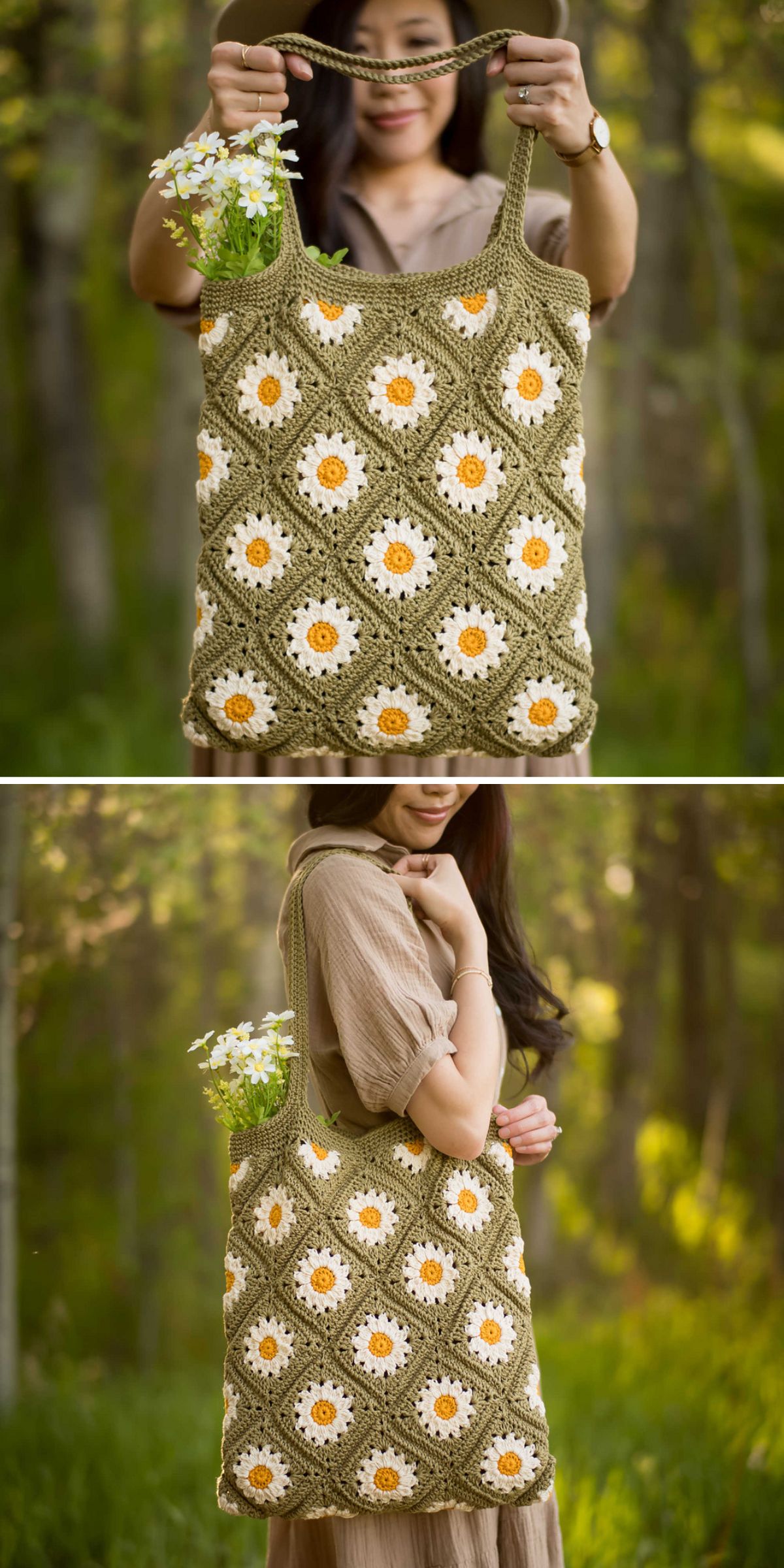 a big crochet tote bag built from green granny squares with white daisy flower motifs