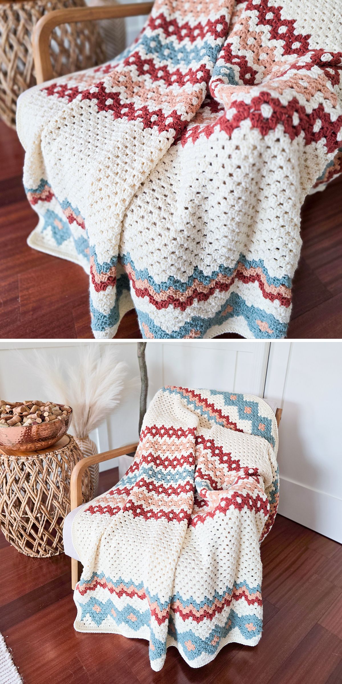 a cozy crochet blanket with granny stripes showcased on an chair