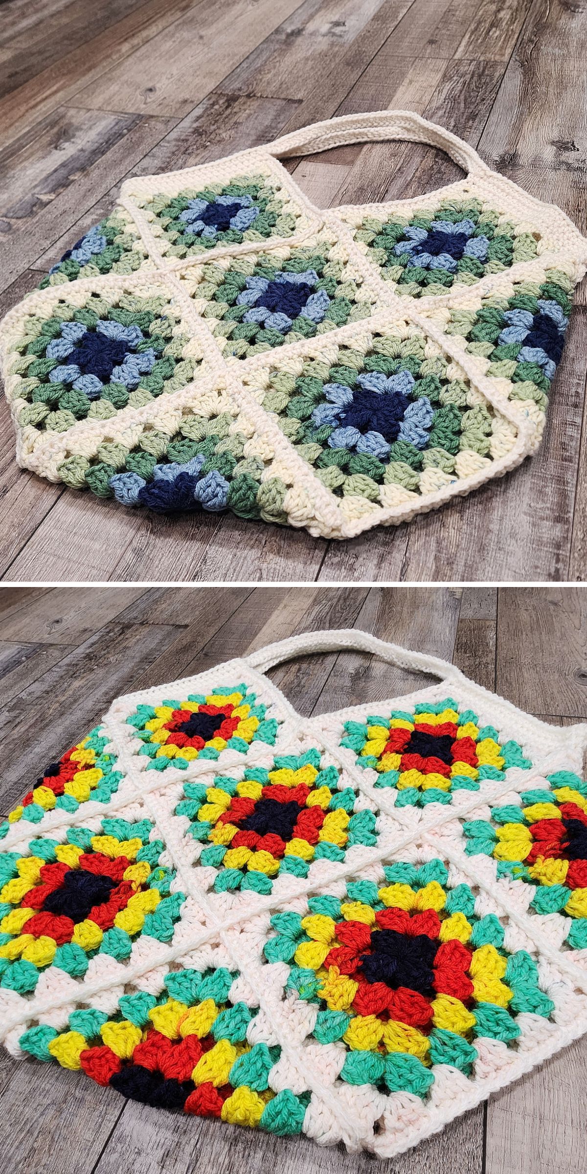 a crochet bag made of colorful granny squares