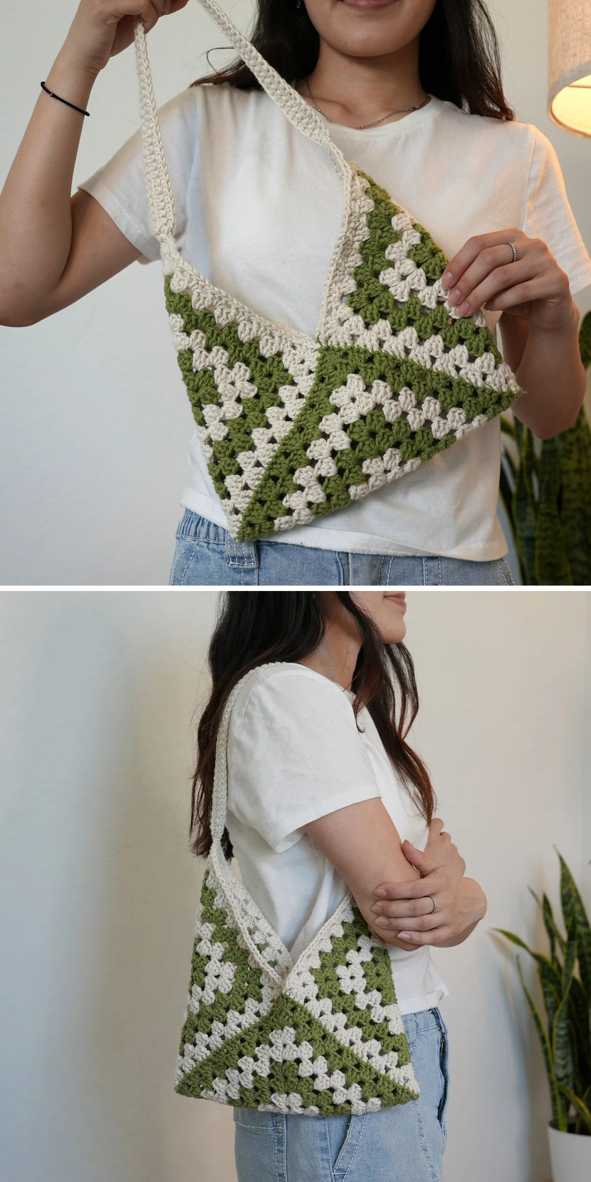 A woman in a white t-shirt holds and models a stylish green and cream granny square crochet bag in two different poses.