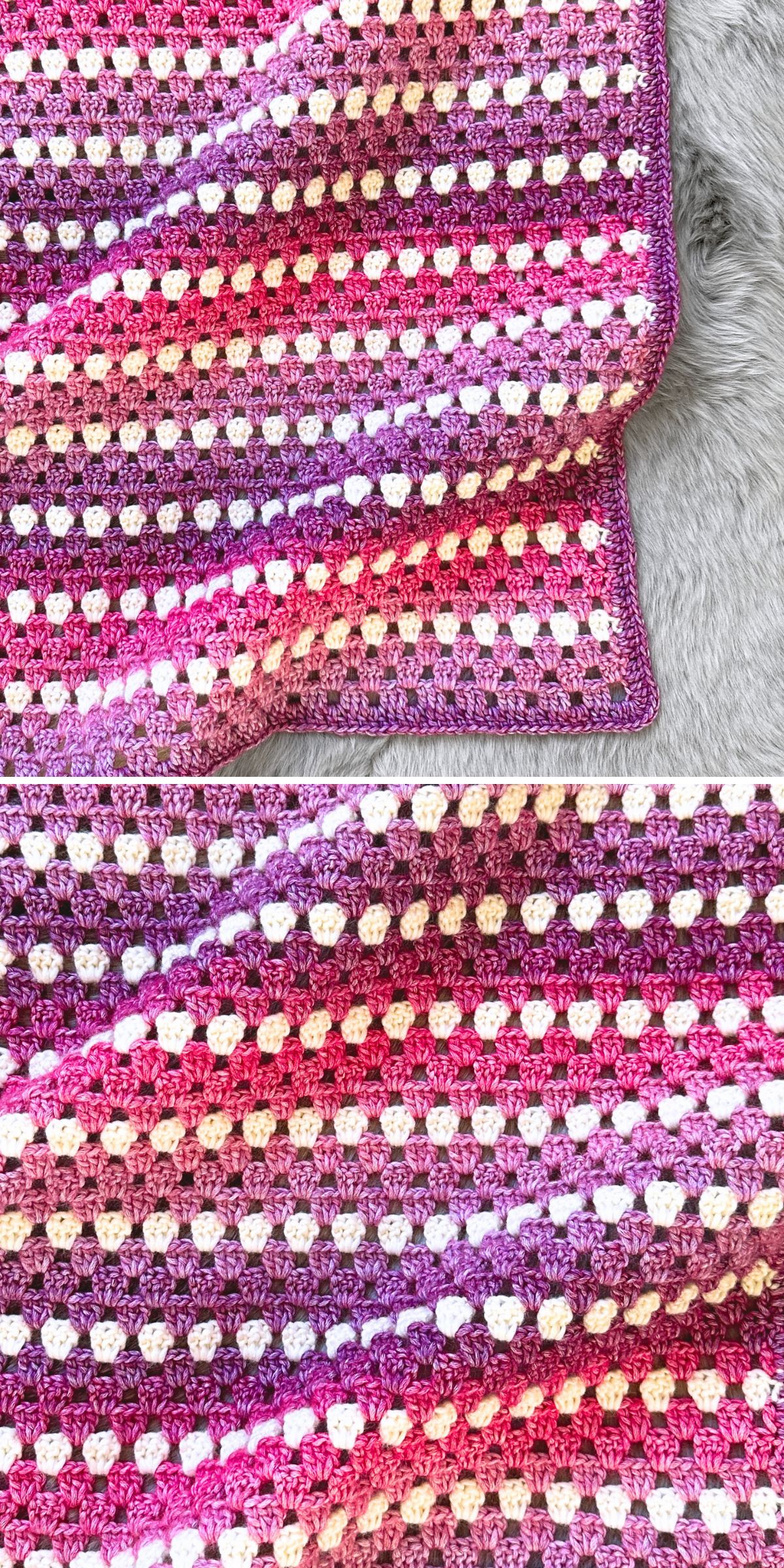 a crochet granny stitch blanket in a purple gradient colorway