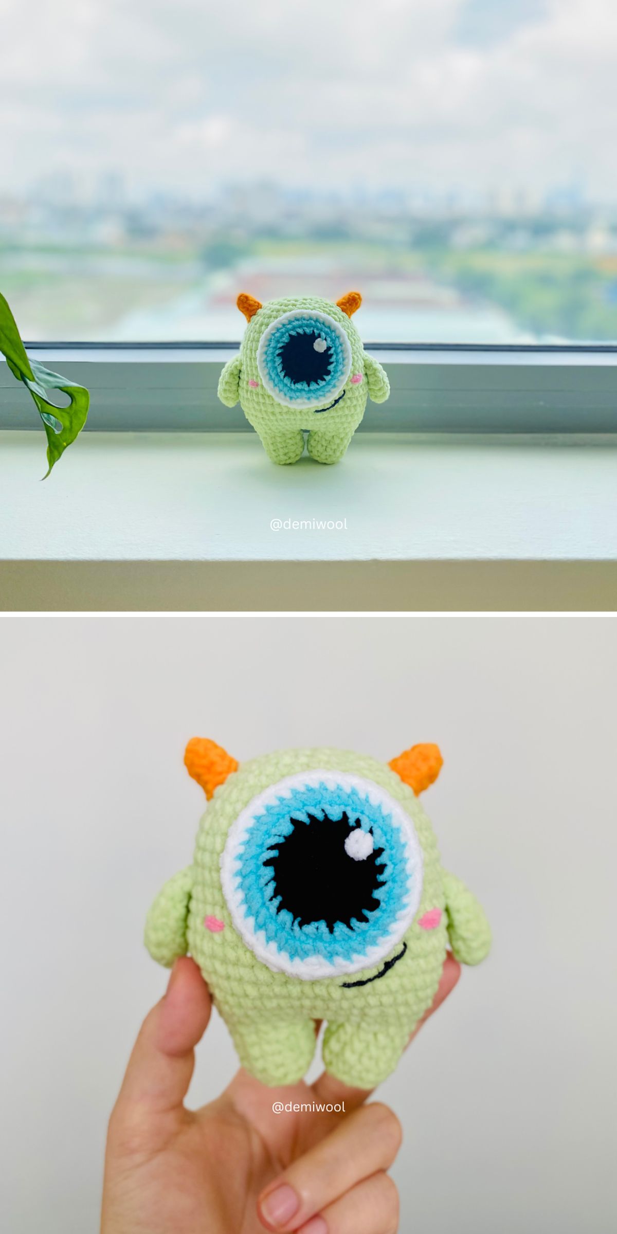 a small crocheted monster with a one big eye