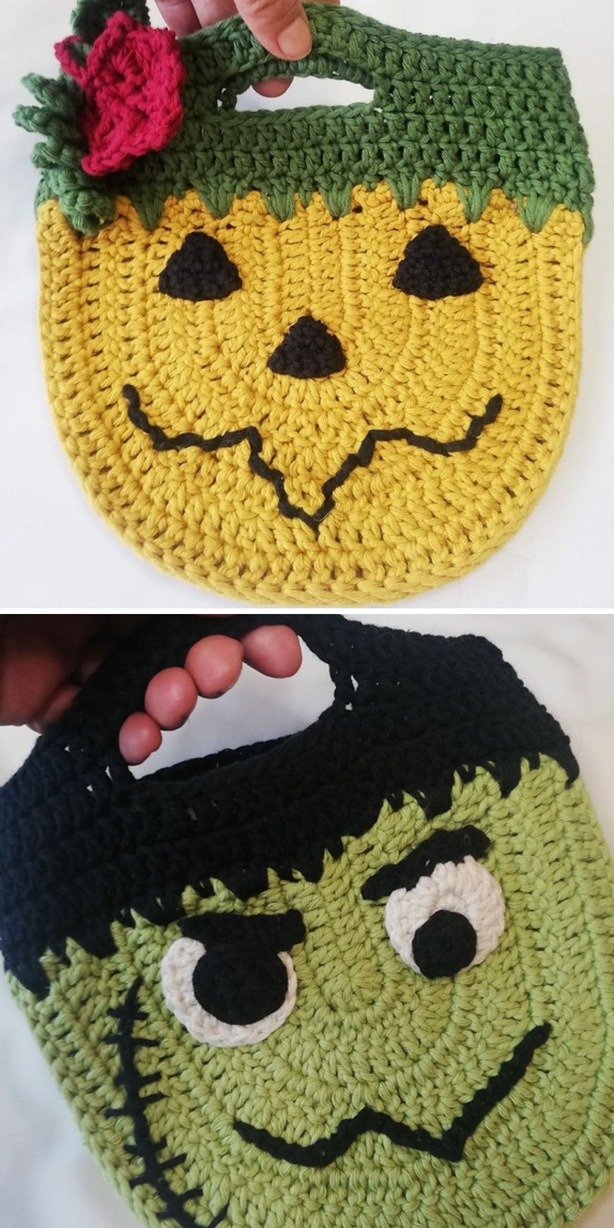 a crochet Halloween treat bag