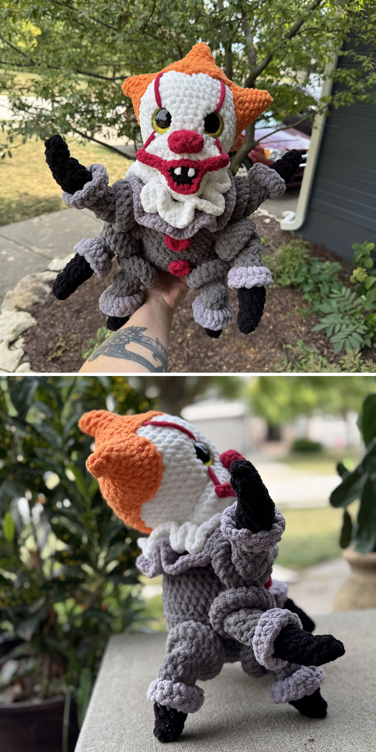 a crochet Halloween toy featuring a clown's head and the legs of a spider