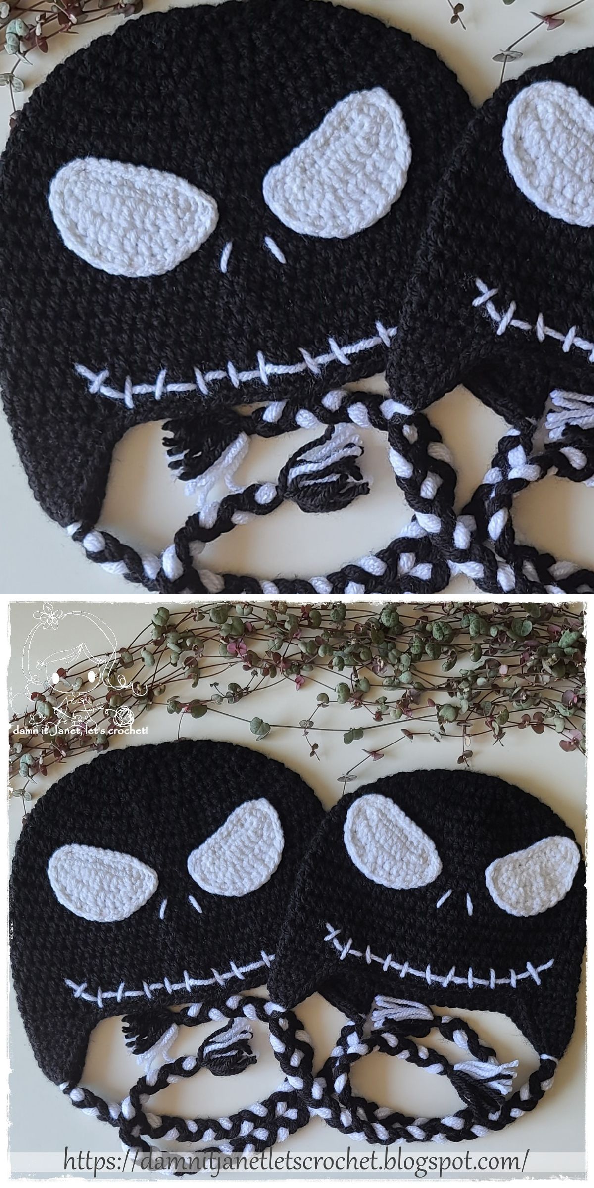 a black crochet earflap beanie with a skull-themed design