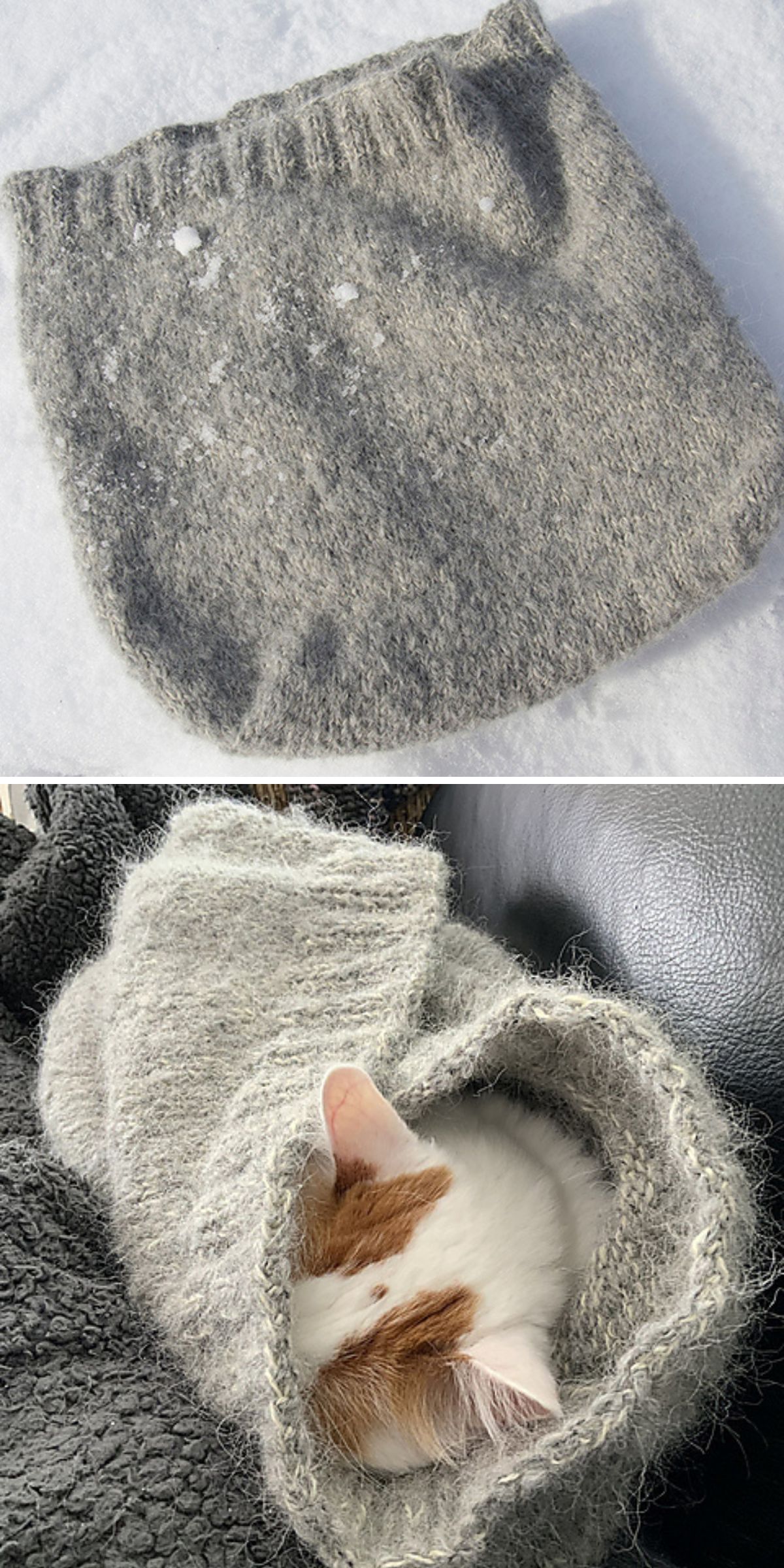 A gray knitted pouch from our Knitted Pet Accessories collection is shown empty in the first image, while the second image features a cat cozily curled up inside the same sleepsack.