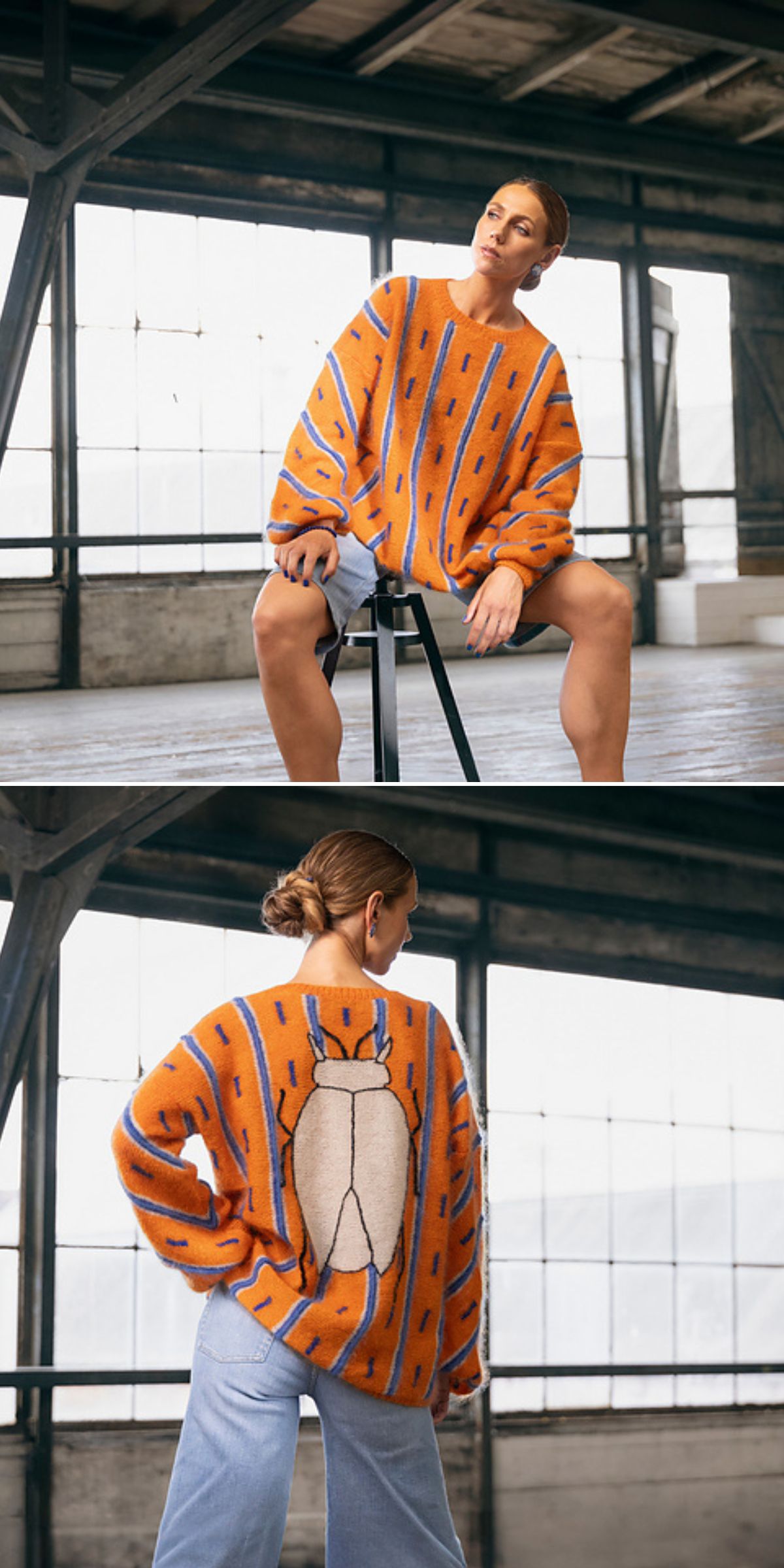 a model wearing an oversized orange knit sweater with a large beetle motif on the back