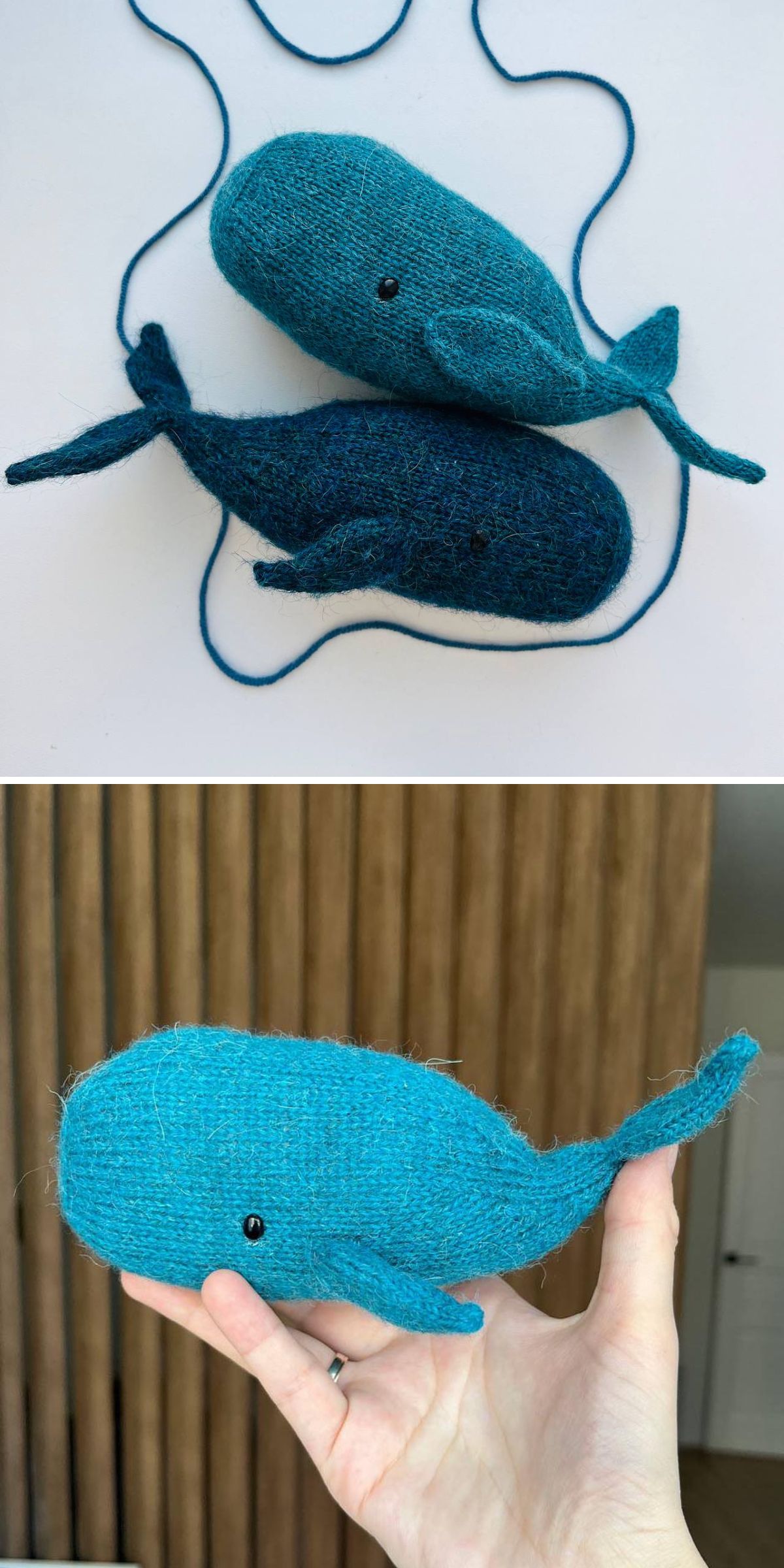 two knitted whale amigurumi in two different shades of blue