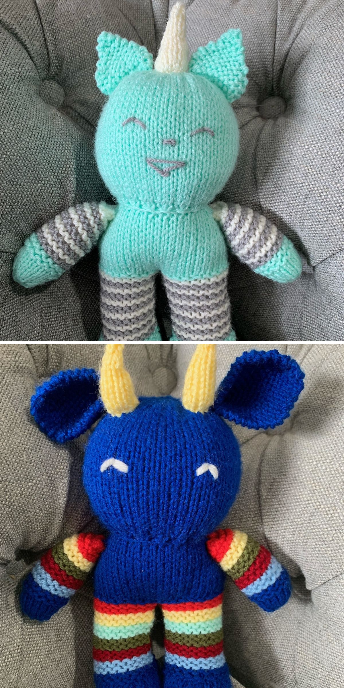 two knit monster toys having different colors and designs