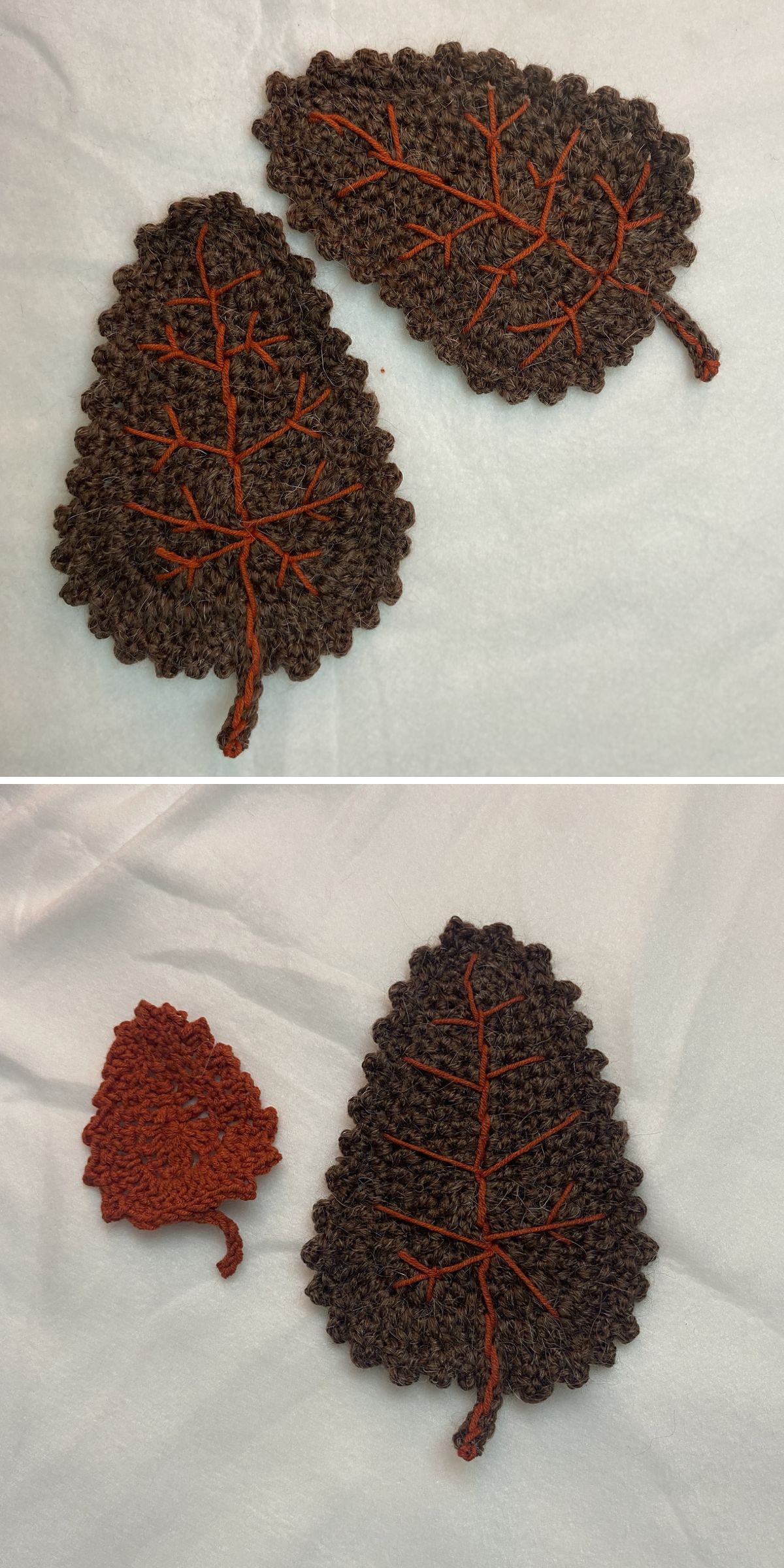 two crochet leaf coasters