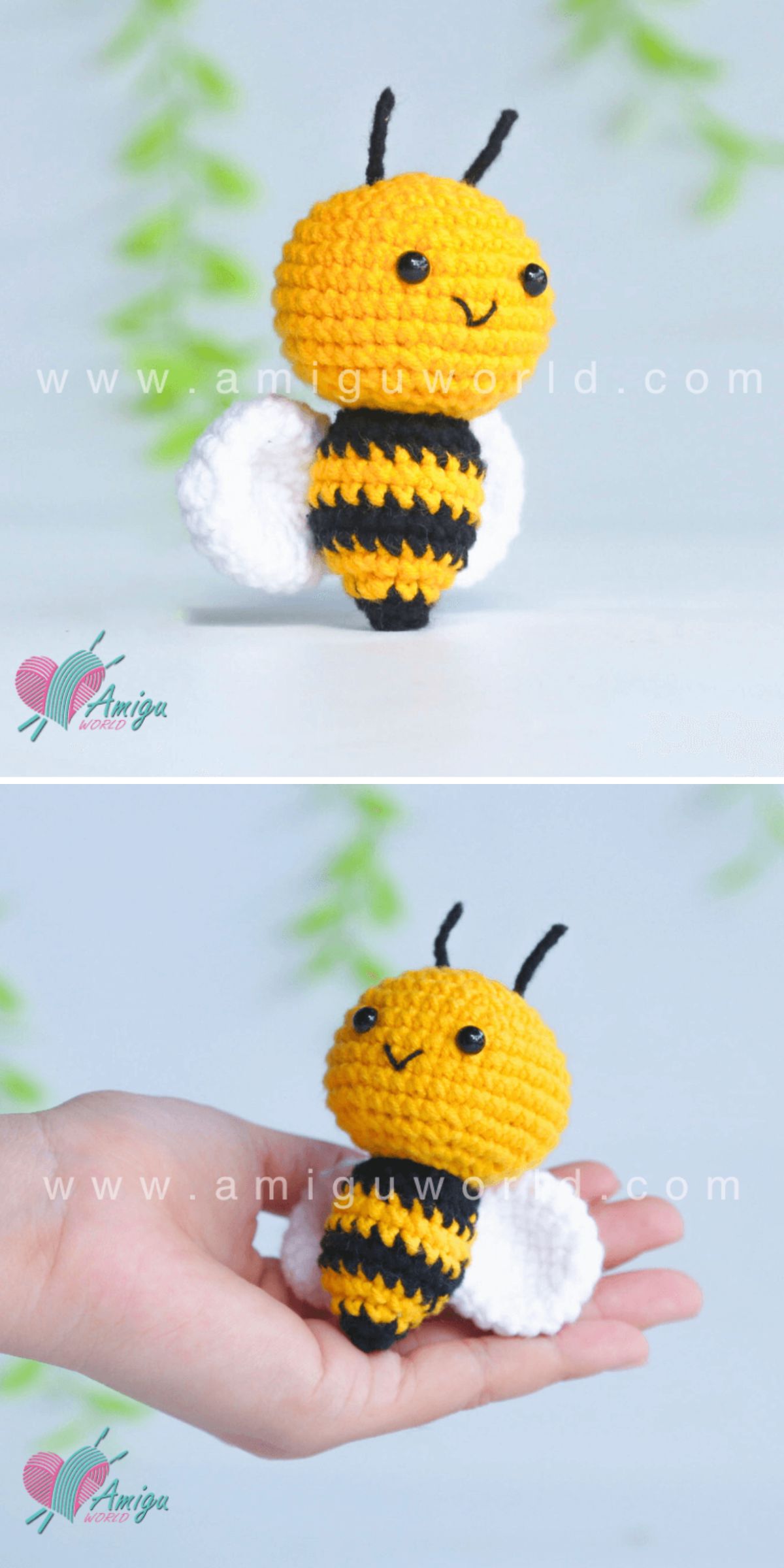 Two photos of a charming crochet bee amigurumi with yellow and black stripes and white wings; one resting on a white surface, the other nestled in a person's hand.