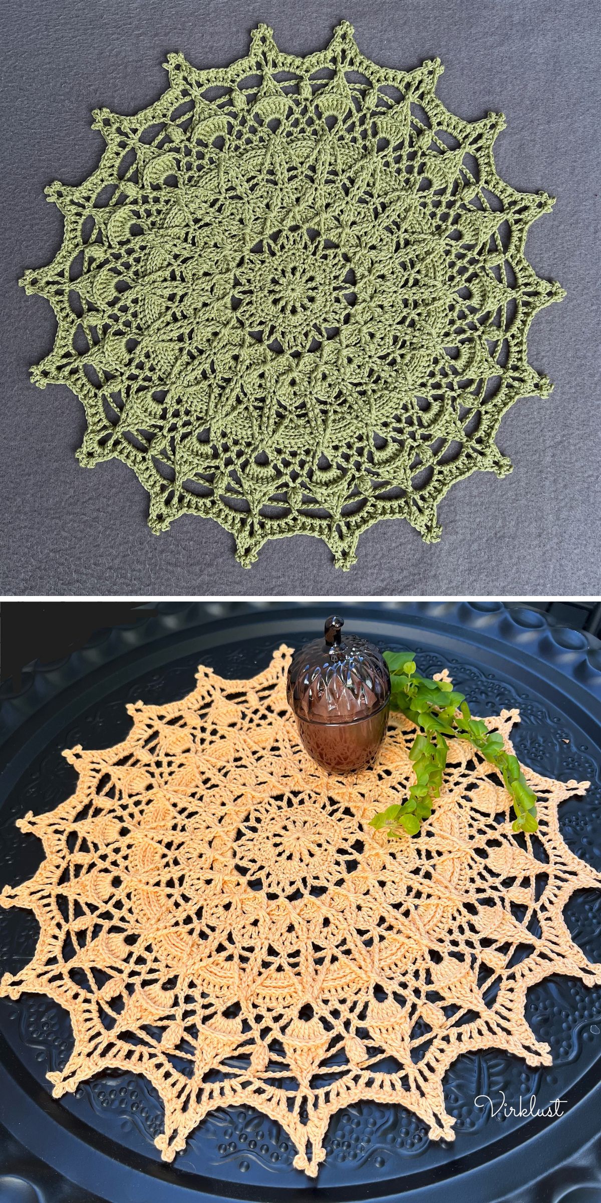 beautiful, elegant crochet doilies in green and creamy colors
