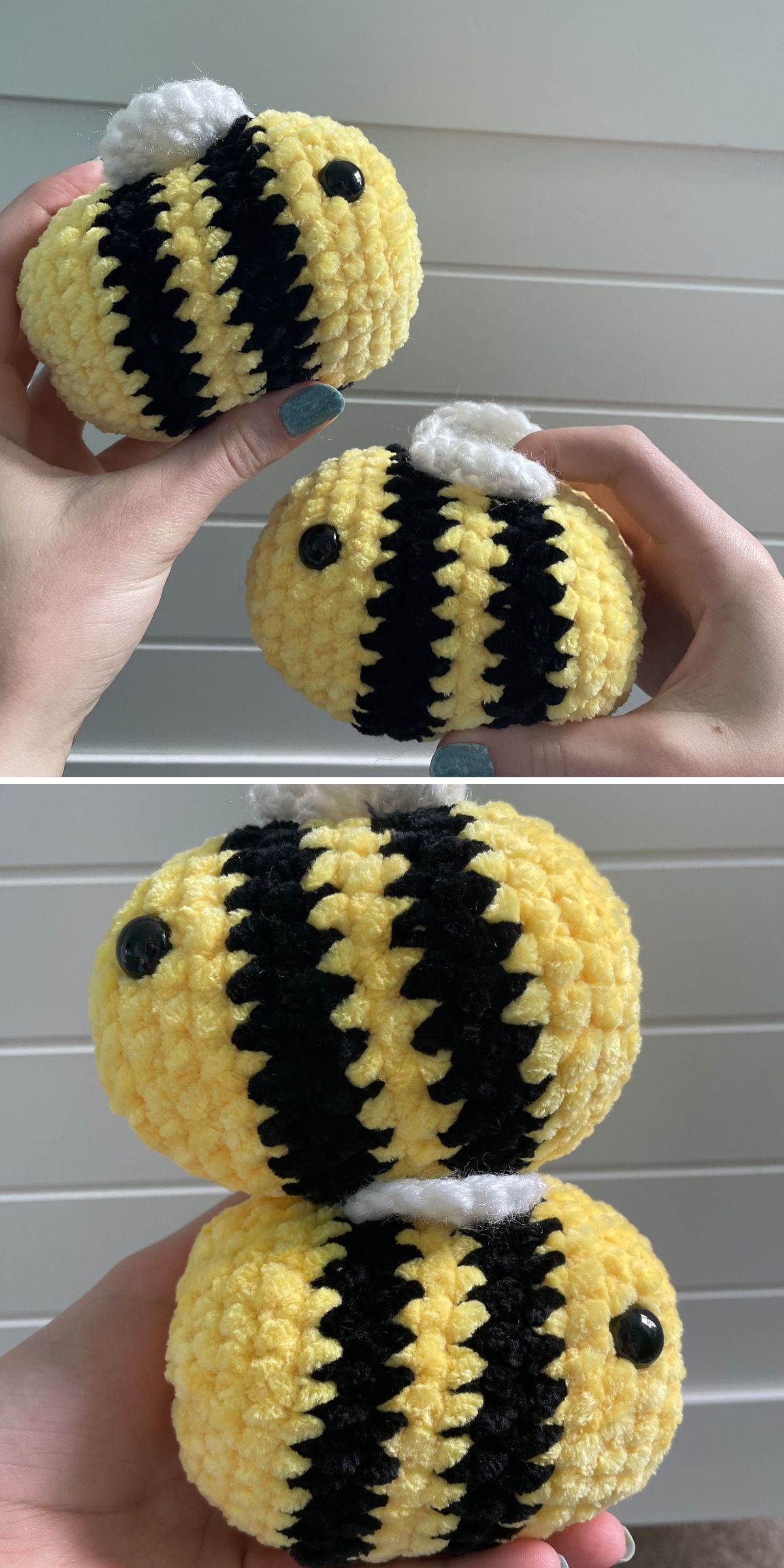 two chunky crochet bee amigurumi