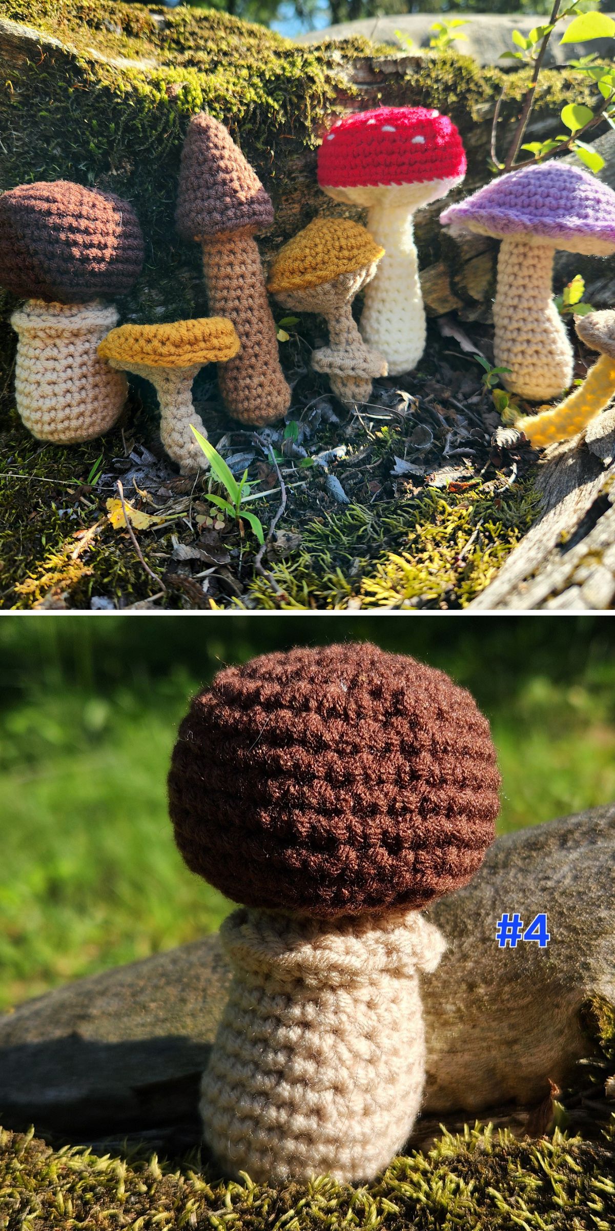 a set of crocheted mushrooms