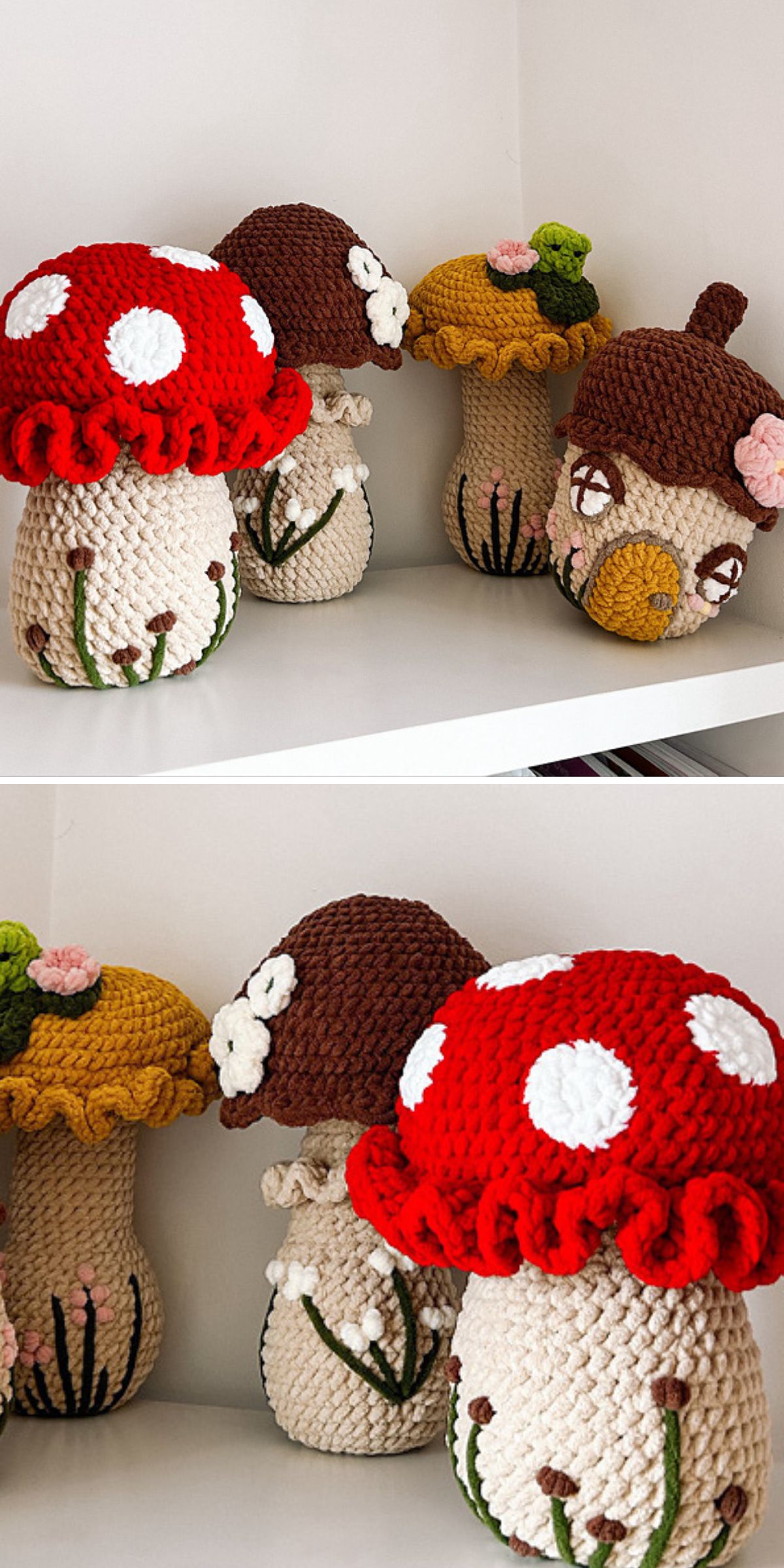 a set of crochet mushrooms adorned with extra details